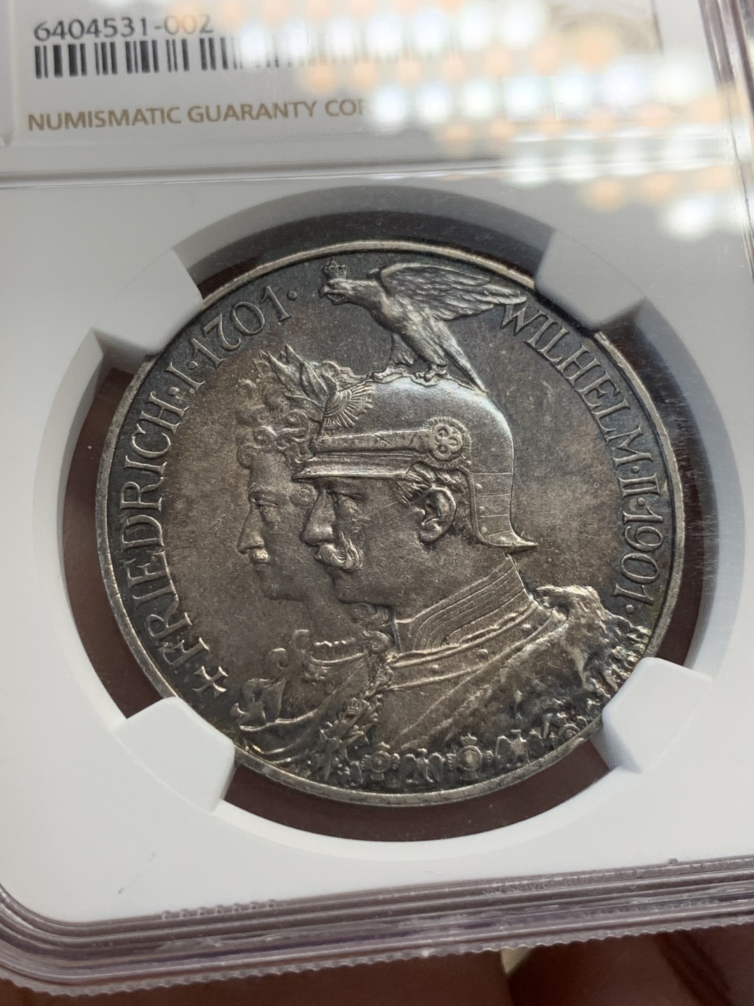 《竞宝斋》第108场-周日，周一 ，周四3场连拍（全场包邮） NGC-MS63 普鲁士1901A 建国5马克纪念银币 五马克人气品种  双面醇厚黑包浆 极美藏品