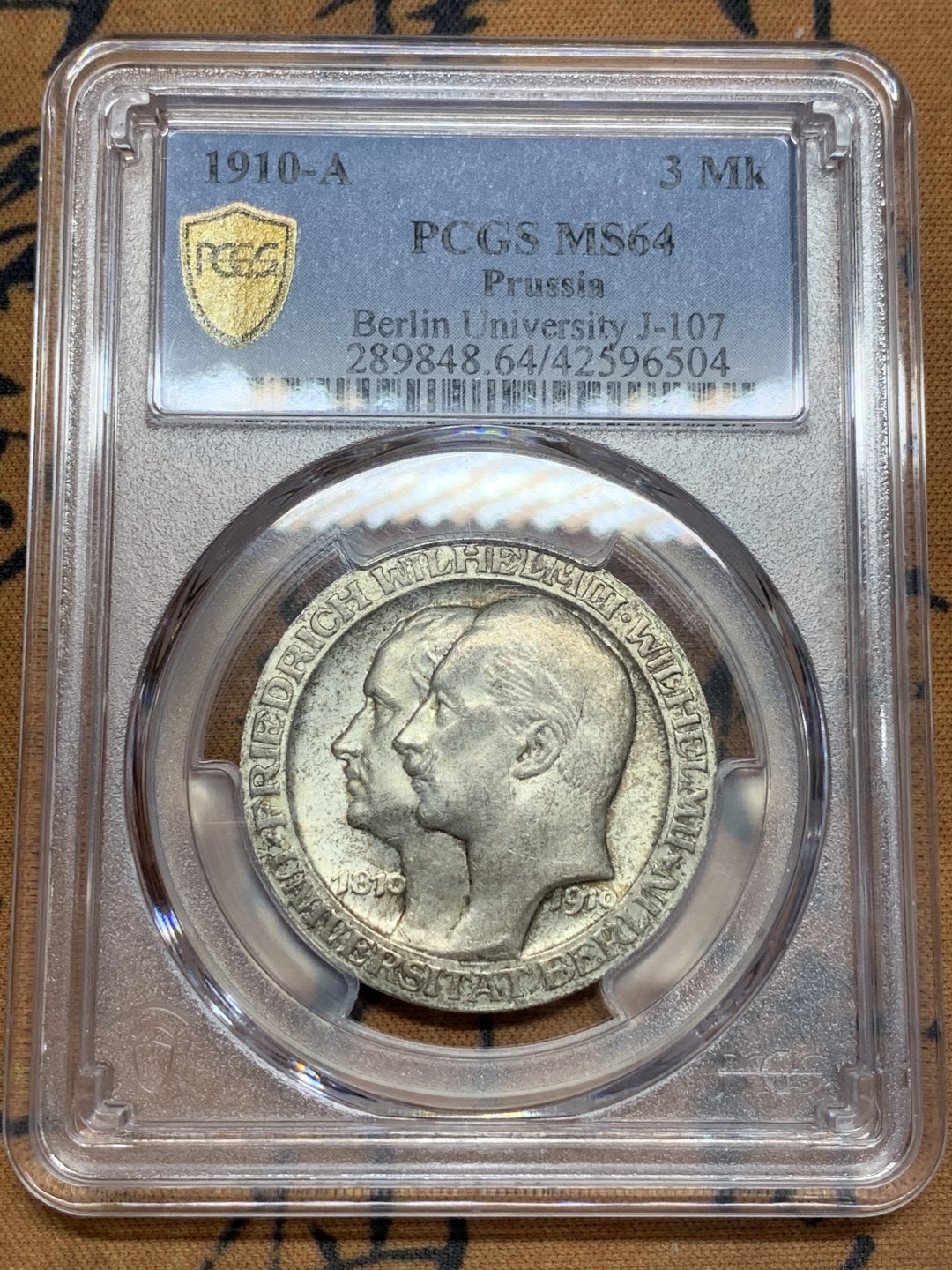 《竞宝斋》第108场-周日，周一 ，周四3场连拍（全场包邮） PCGS MS64 德国普鲁士 1910年 柏林大学3马克 银币 状态很不错