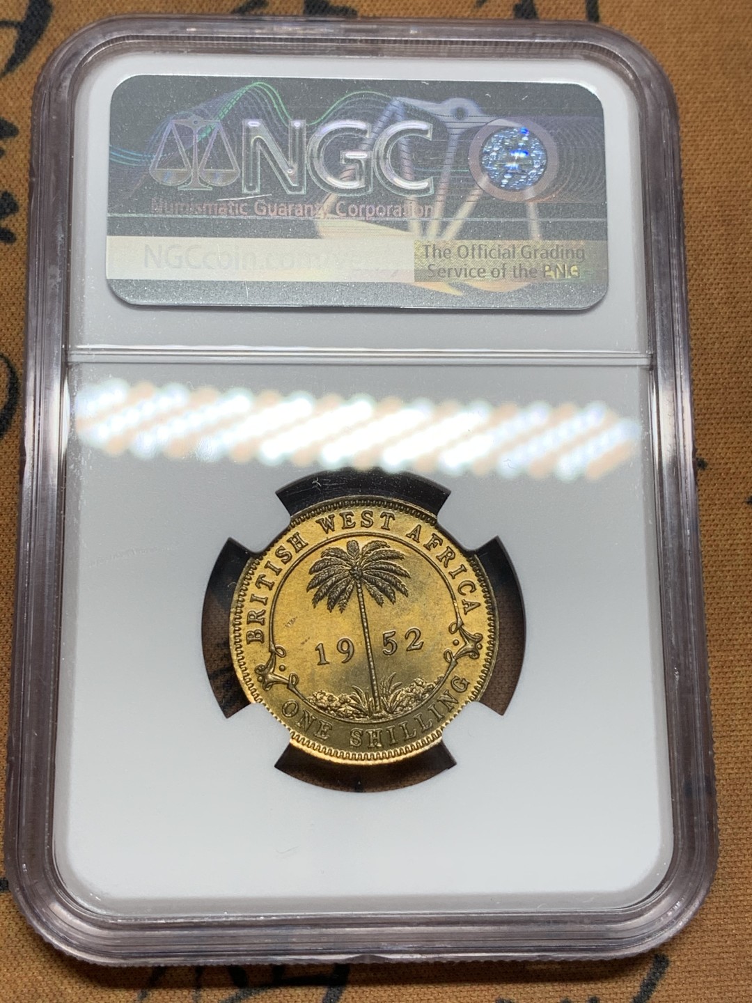 《竞宝斋》第108场-周日，周一 ，周四3场连拍（全场包邮） NGC-MS64 英属西非 1952年 乔六1先令黄铜币 铜光十足 转光强烈