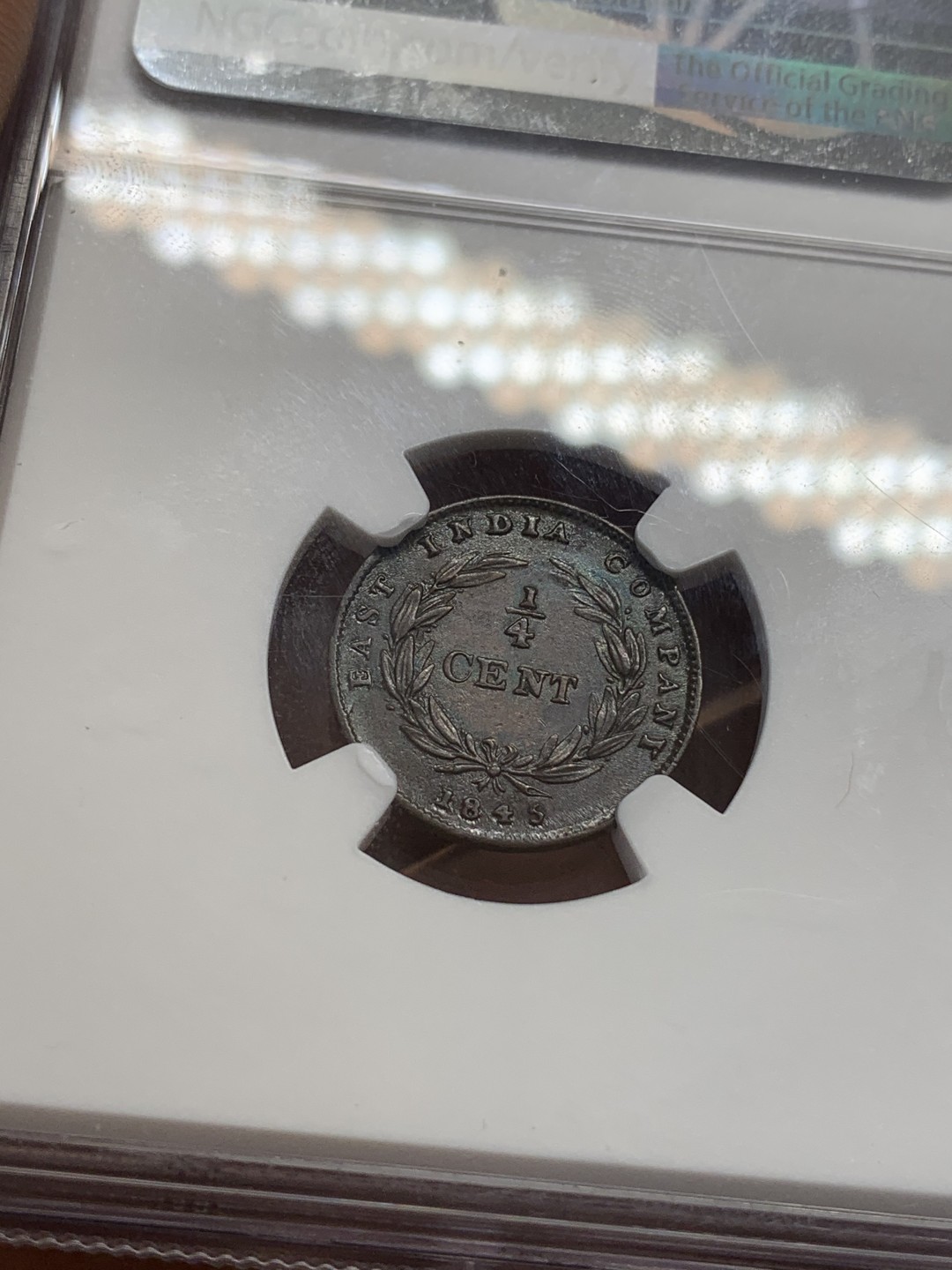 《竞宝斋》第108场-周日，周一 ，周四3场连拍（全场包邮） NGC-AU58 英属海峡1845年维多利亚时期首版1/4分铜币，稀少小面值铜币