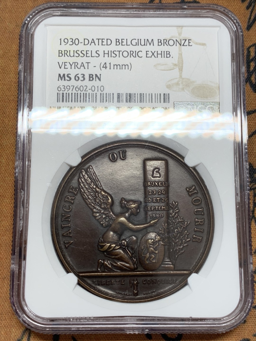 《竞宝斋》第108场-周日，周一 ，周四3场连拍（全场包邮） NGC MS63 比利时 1930 布鲁塞尔历史展览会 铜章 少见品种