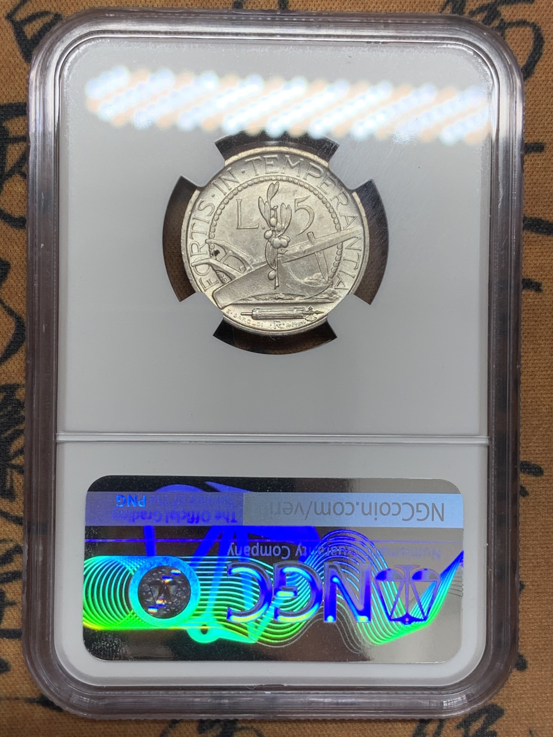 《竞宝斋》第108场-周日，周一 ，周四3场连拍（全场包邮） NGC-MS63，圣马力诺，1938年，5里拉银币 光度很好