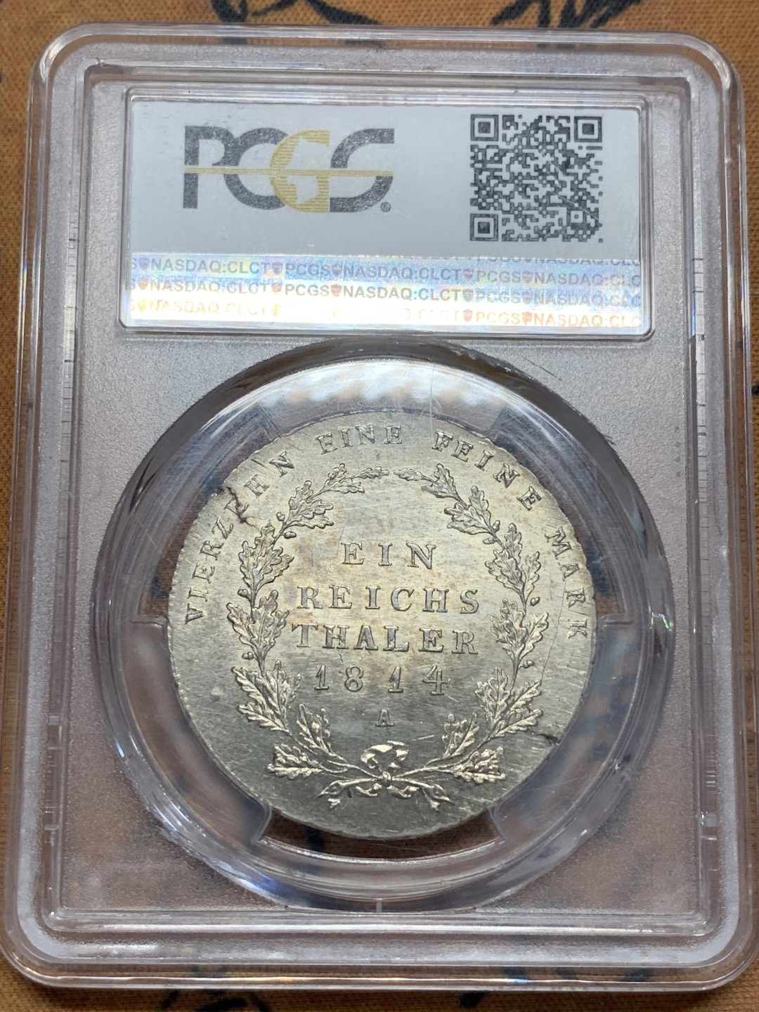 《竞宝斋》第108场-周日，周一 ，周四3场连拍（全场包邮） PCGS MS62 德国 普鲁士 1814年 泰勒银币 这款基本是VF存在 能上AU都难得，这个MS62 首拍 可藏