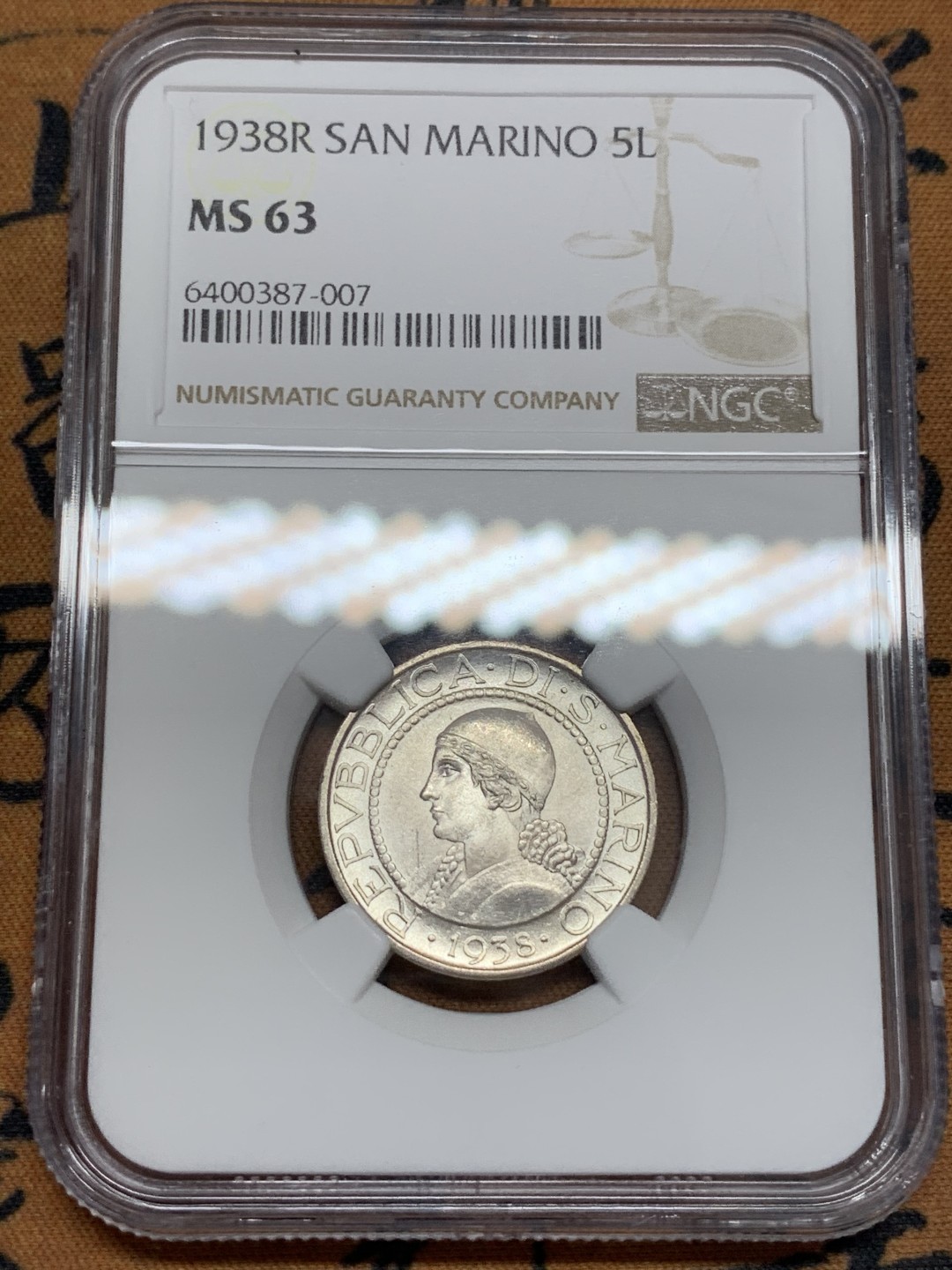 《竞宝斋》第108场-周日，周一 ，周四3场连拍（全场包邮） NGC-MS63，圣马力诺，1938年，5里拉银币 光度很好