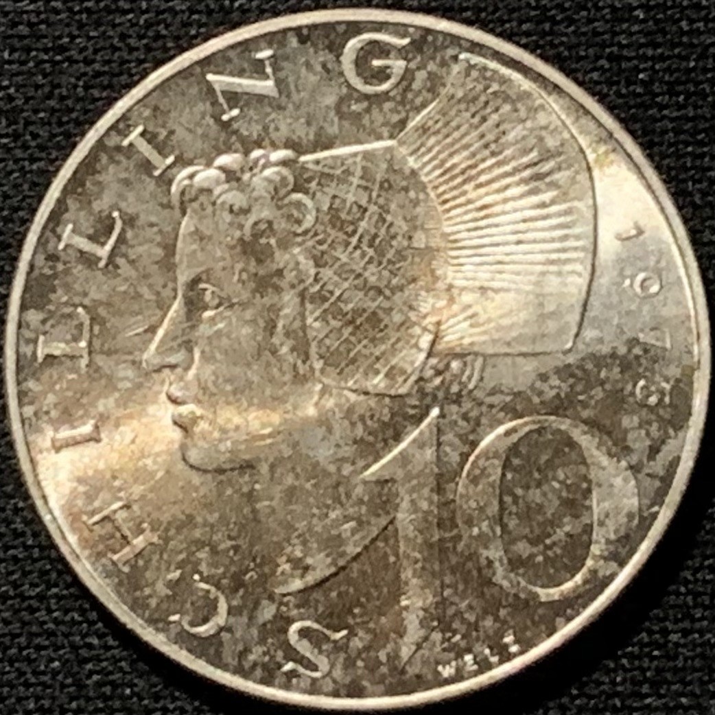 紫瑗钱币——第227期拍卖 奥地利 1973年 女神 10先令 7.5克 0.64银 UNC 五彩包浆