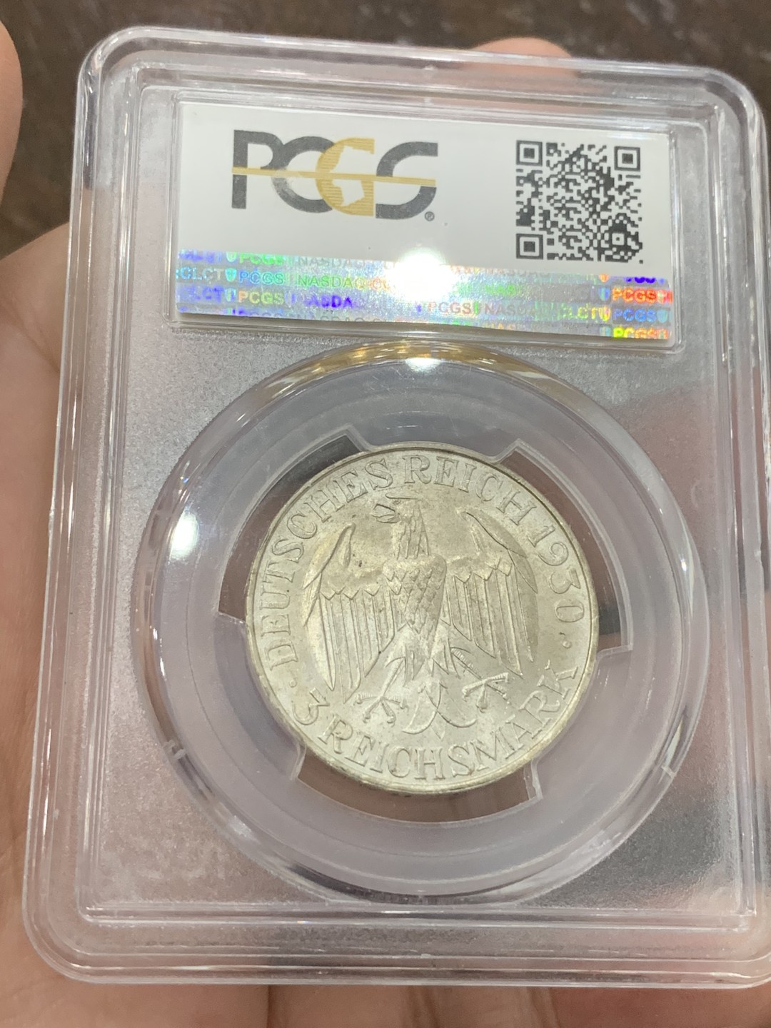 《竞宝斋》第108场-周日，周一 ，周四3场连拍（全场包邮） PCGS-MS64 德国 魏玛共和国 1930年齐柏林飞艇3马克银币 全转光