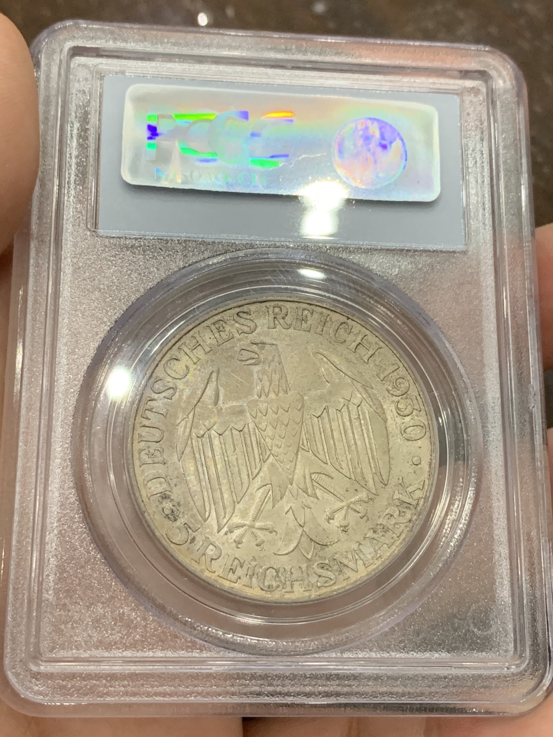 《竞宝斋》第108场-周日，周一 ，周四3场连拍（全场包邮） PCGS MS64 德国 魏玛共和国 1930年 齐柏林飞艇5马克大银币 早期小白盒 黄油转光