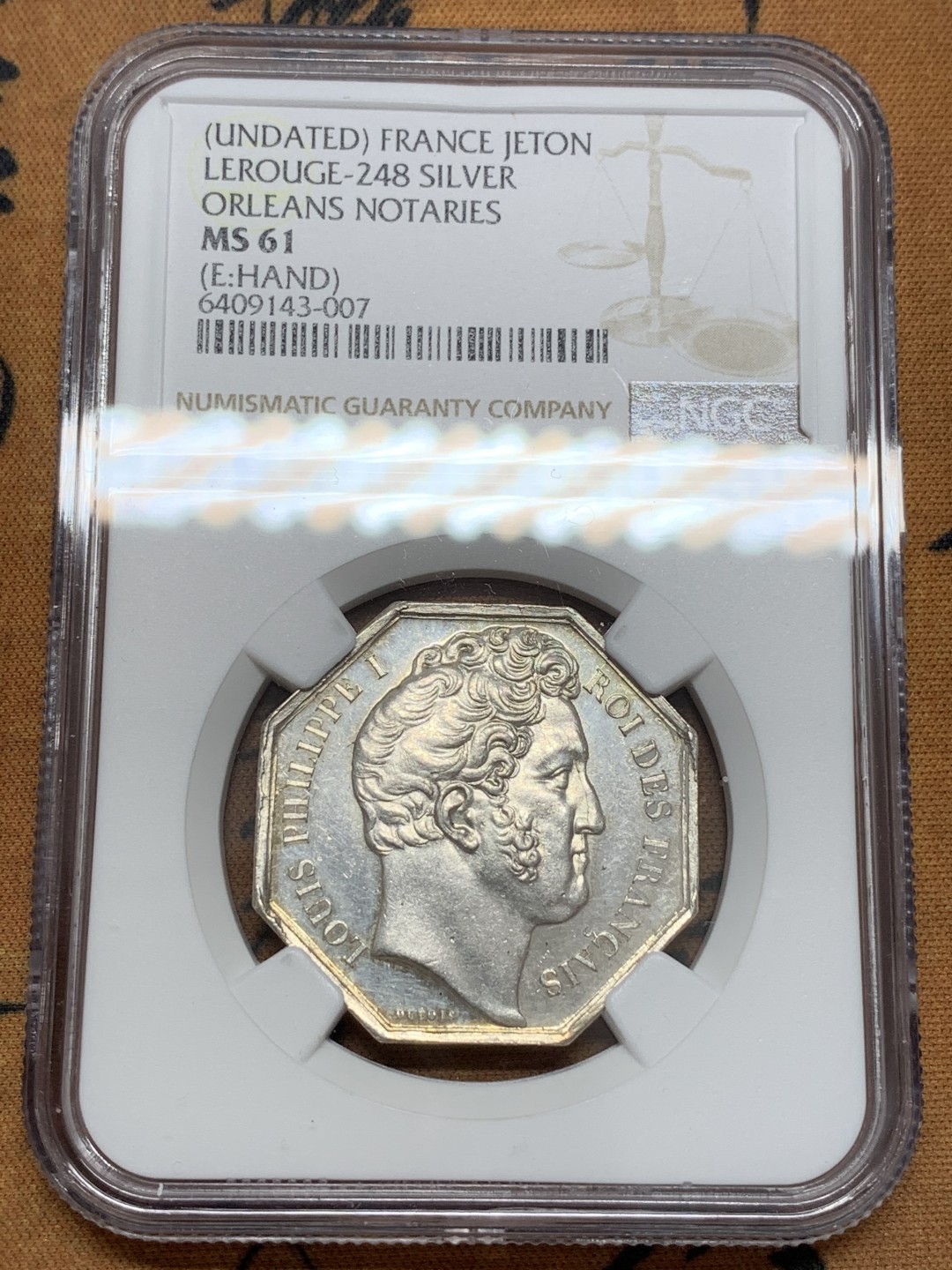 《竞宝斋》第108场-周日，周一 ，周四3场连拍（全场包邮） NGC MS61 菲利普 奥尔良公证处 八角银质代币 1845-1860年