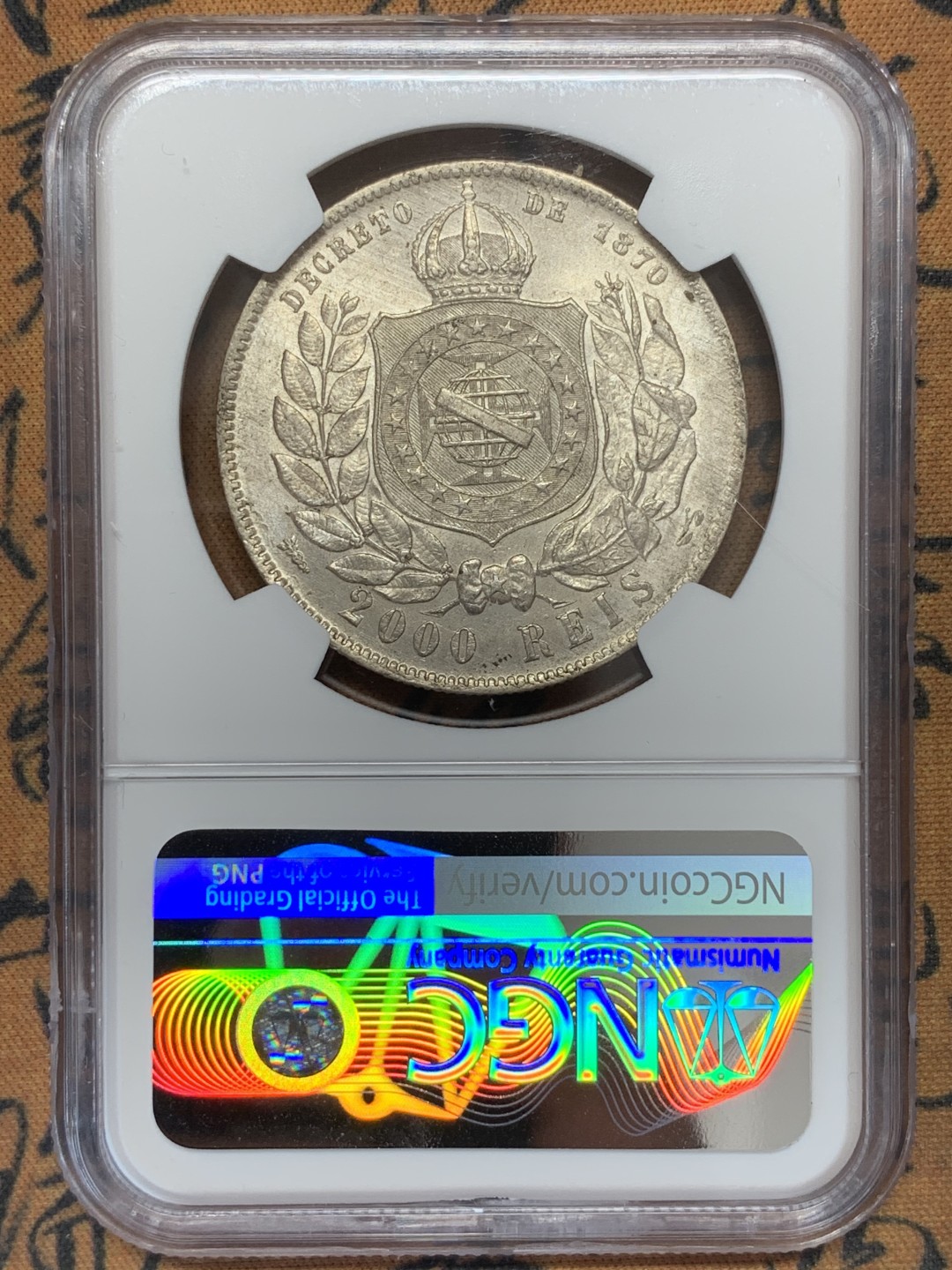 《竞宝斋》第108场-周日，周一 ，周四3场连拍（全场包邮） NGC AU58 1889年巴西帝国2000瑞斯大银币