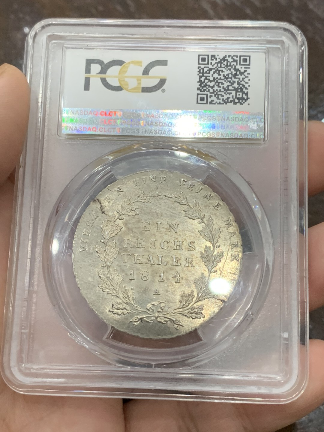 《竞宝斋》第108场-周日，周一 ，周四3场连拍（全场包邮） PCGS MS62 德国 普鲁士 1814年 泰勒银币 这款基本是VF存在 能上AU都难得，这个MS62 首拍 可藏