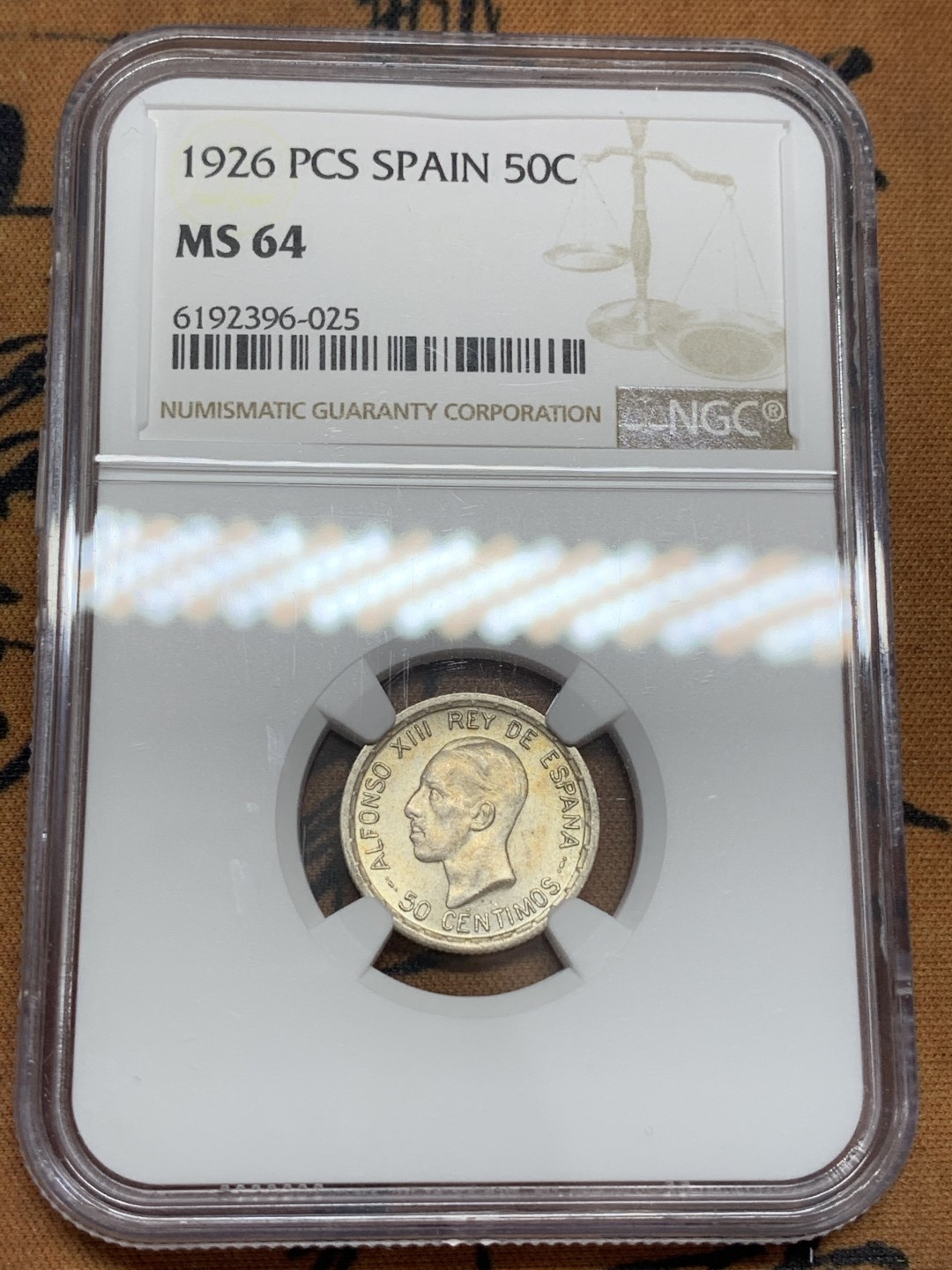 《竞宝斋》第108场-周日，周一 ，周四3场连拍（全场包邮） NGC-MS64 西班牙1926年 阿方索十三世 50分银币 原光好品顶级品相