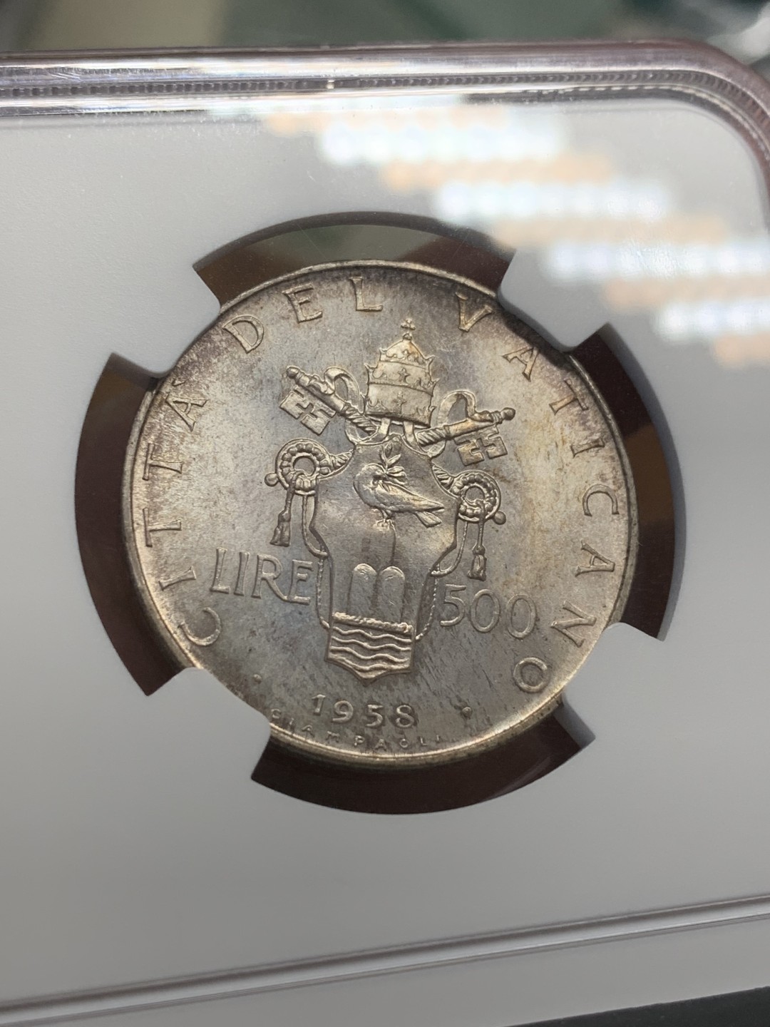 《竞宝斋》第108场-周日，周一 ，周四3场连拍（全场包邮） NGC-MS64 梵蒂冈 1958年 500里拉银币 少见年份