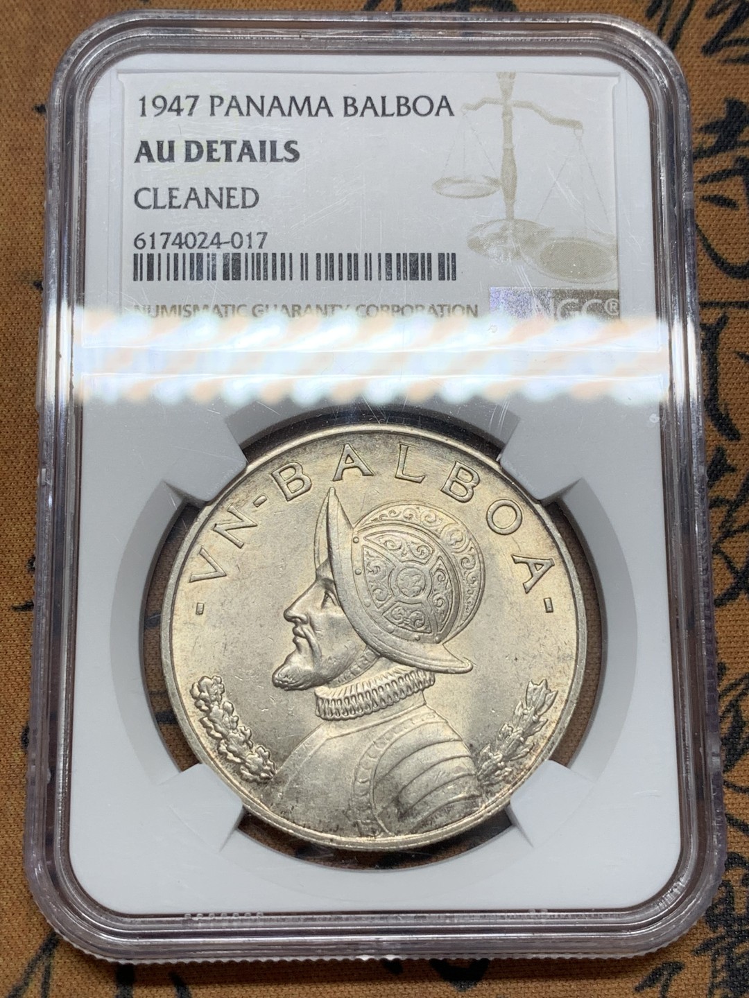 《竞宝斋》第108场-周日，周一 ，周四3场连拍（全场包邮） NGC-AU 1947 巴拿马1B银币，热门大涨品种，只有轻微清洗痕迹