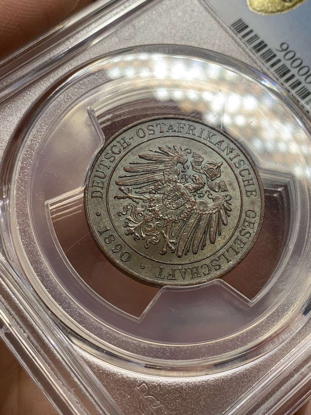 《竞宝斋》第108场-周日，周一 ，周四3场连拍（全场包邮） PCGS-MS64BN 德属东非 1890年 1Pesa 派沙 巧克力包浆漂亮