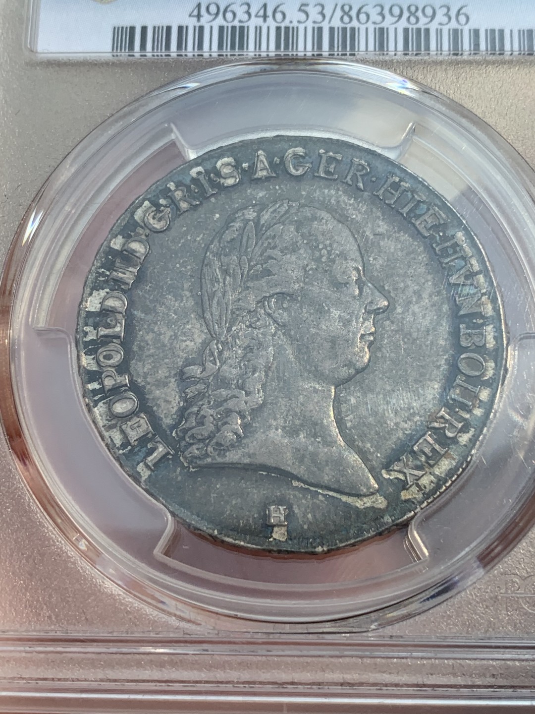 《竞宝斋》第108场-周日，周一 ，周四3场连拍（全场包邮） 唯一 冠军分 PCGS-AU53  奥地利奥属尼德兰1791年H版三皇冠1/2泰勒（金茨堡厂铸造），利奥波德二世银币（大奶妈玛利亚·特蕾莎之子） 深彩包浆 细节极好