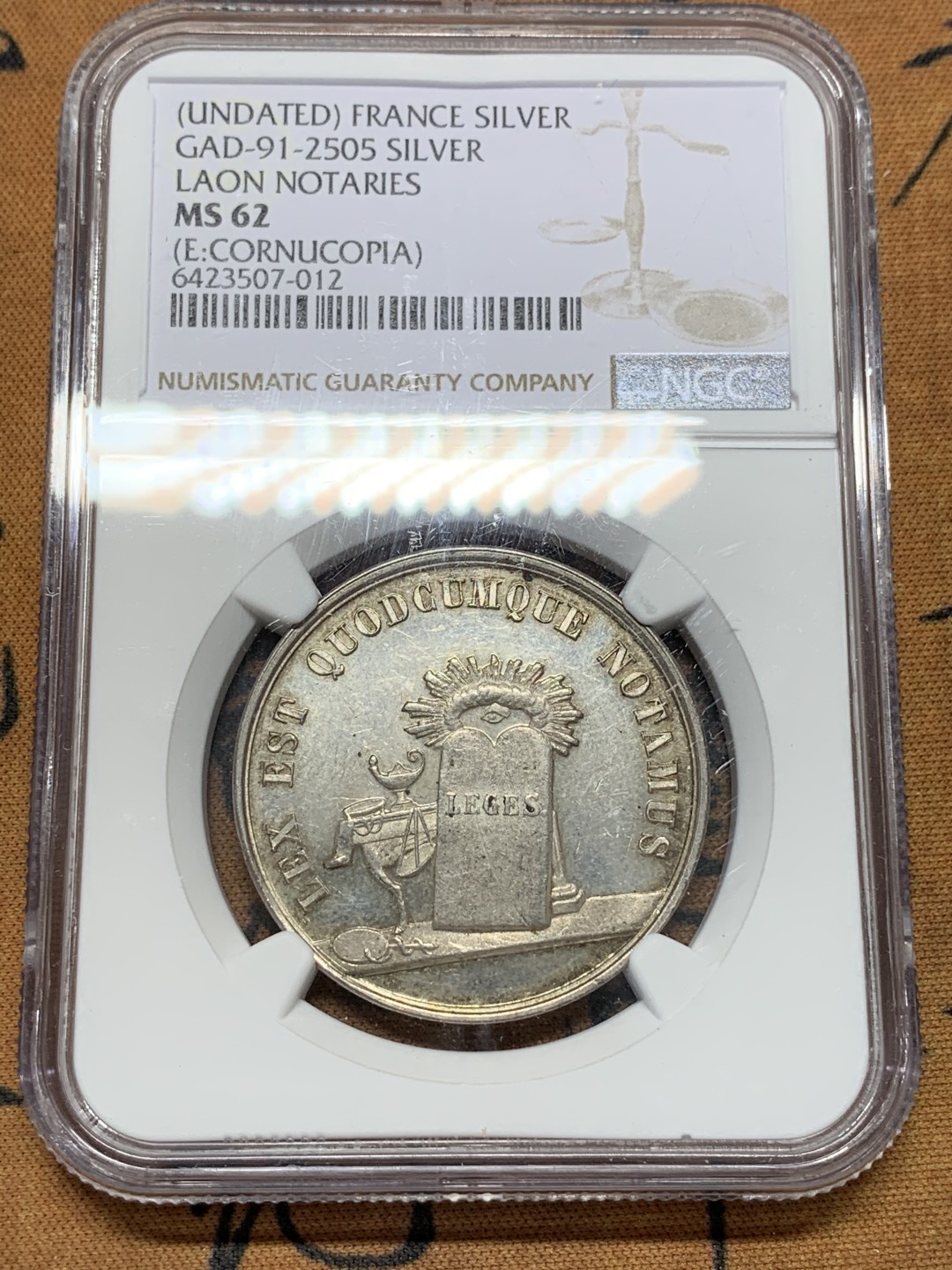 《竞宝斋》第108场-周日，周一 ，周四3场连拍（全场包邮） NGC MS62 法国 1880-1890 银质圆形代币 素材丰富 PL感十足  丰饶角银标