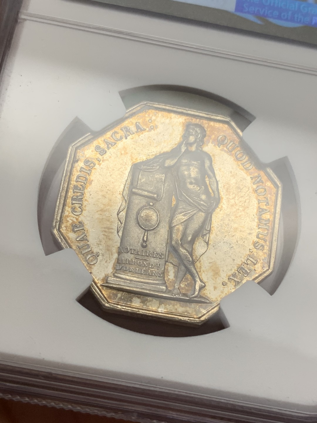 《竞宝斋》第108场-周日，周一 ，周四3场连拍（全场包邮） NGC MS61 菲利普 奥尔良公证处 八角银质代币 1845-1860年