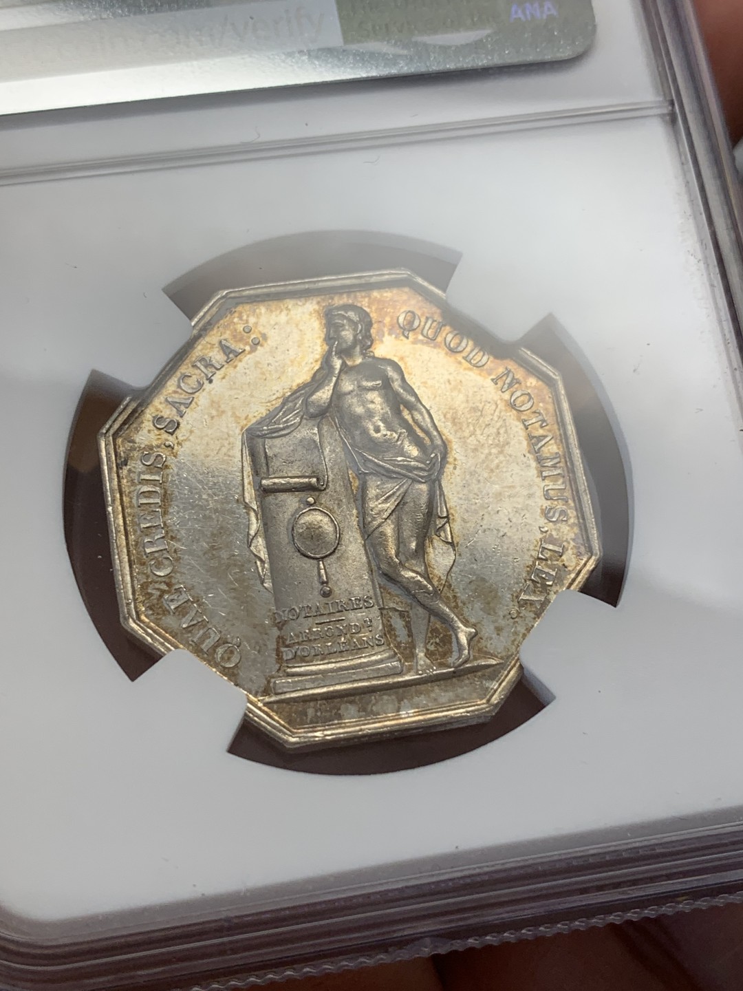 《竞宝斋》第108场-周日，周一 ，周四3场连拍（全场包邮） NGC MS61 菲利普 奥尔良公证处 八角银质代币 1845-1860年