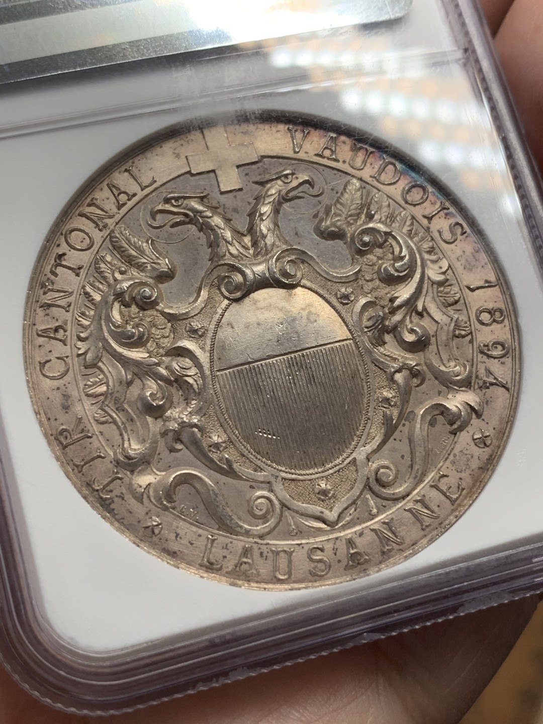 《竞宝斋》第108场-周日，周一 ，周四3场连拍（全场包邮） NGC MS63  1894年瑞士洛桑射击节大银章 稀少品种 市场流通量小于300枚 精美大气