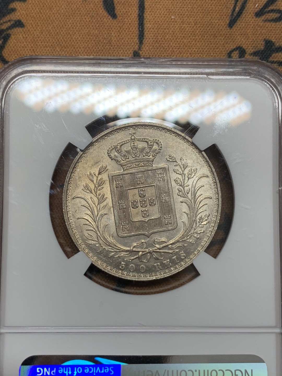 《竞宝斋》第108场-周日，周一 ，周四3场连拍（全场包邮） NGC-MS61 1886年葡萄牙路易斯一世500瑞斯银币 虽是半圆型，却是当时葡萄牙面值最大的银币，不太常见的品种