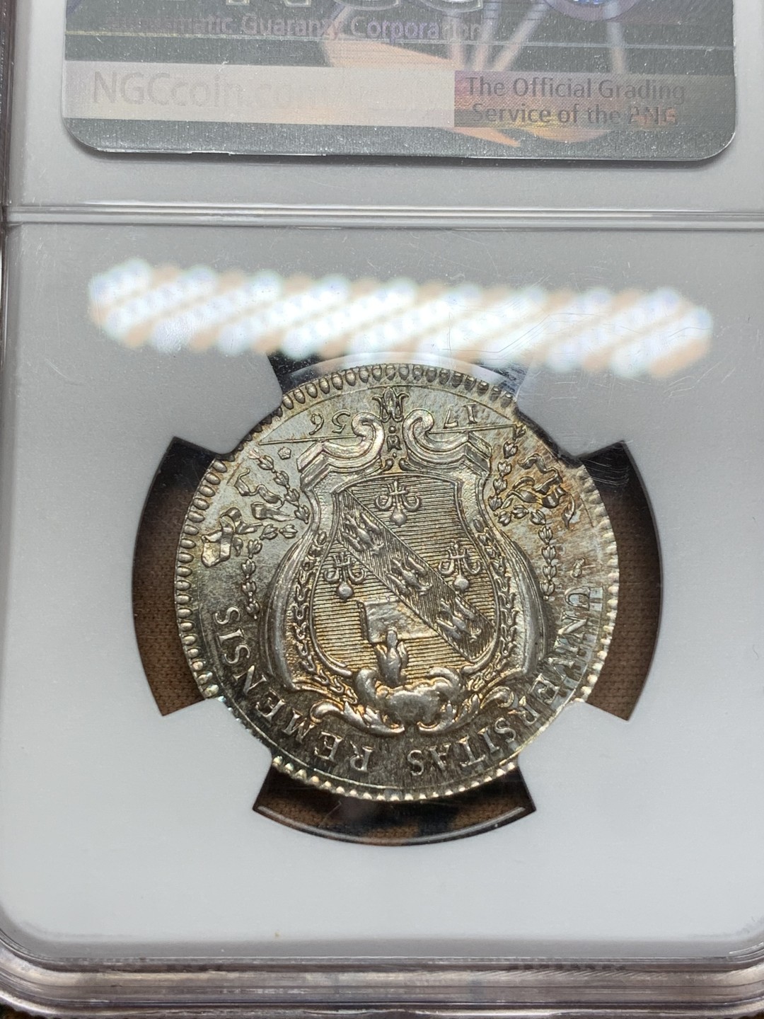 《竞宝斋》第108场-周日，周一 ，周四3场连拍（全场包邮） NGC-MS65 1756年法国兰斯大学代币 转光带彩，高分银质代币