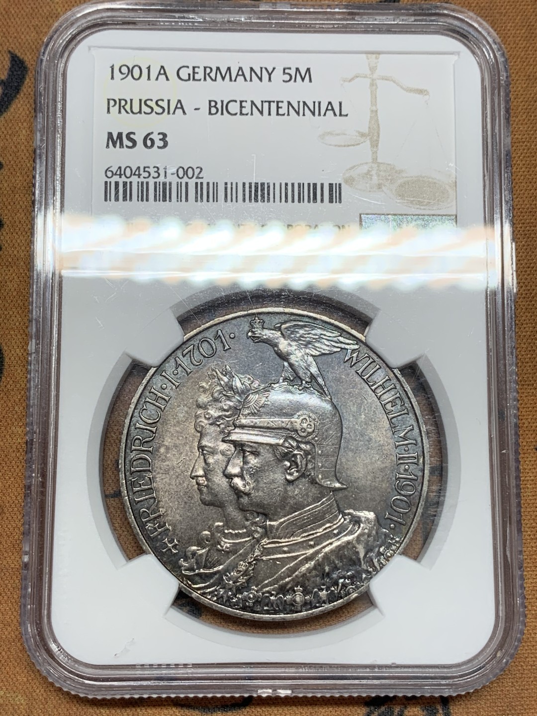 《竞宝斋》第108场-周日，周一 ，周四3场连拍（全场包邮） NGC-MS63 普鲁士1901A 建国5马克纪念银币 五马克人气品种  双面醇厚黑包浆 极美藏品