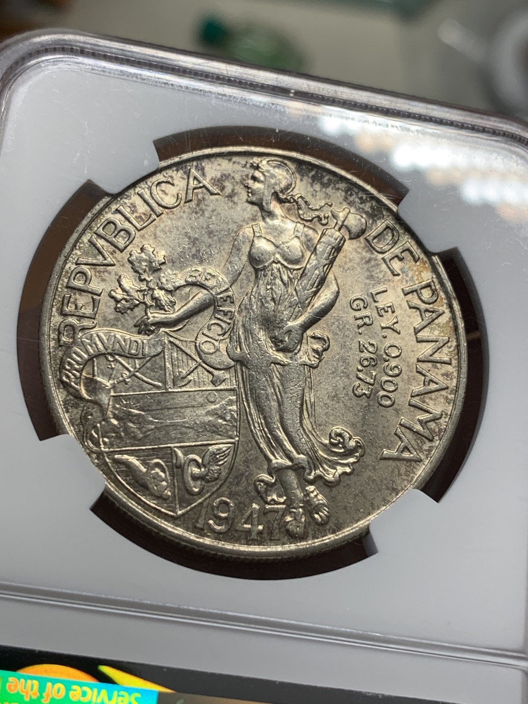 《竞宝斋》第108场-周日，周一 ，周四3场连拍（全场包邮） NGC-AU 1947 巴拿马1B银币，热门大涨品种，只有轻微清洗痕迹