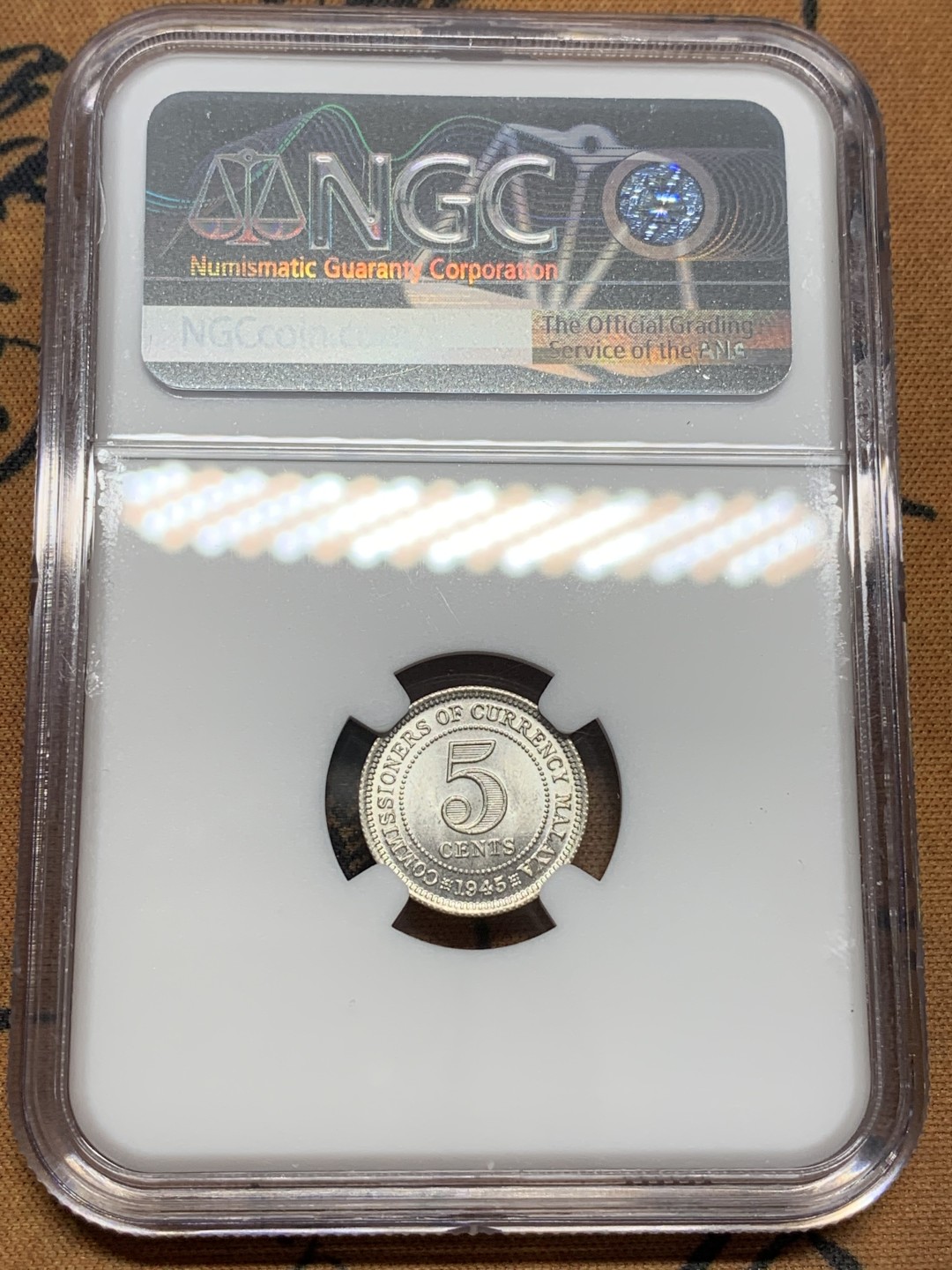 《竞宝斋》第108场-周日，周一 ，周四3场连拍（全场包邮） NGC-MS65 英属马来亚 1945年 乔治六世5分银币 高分难得