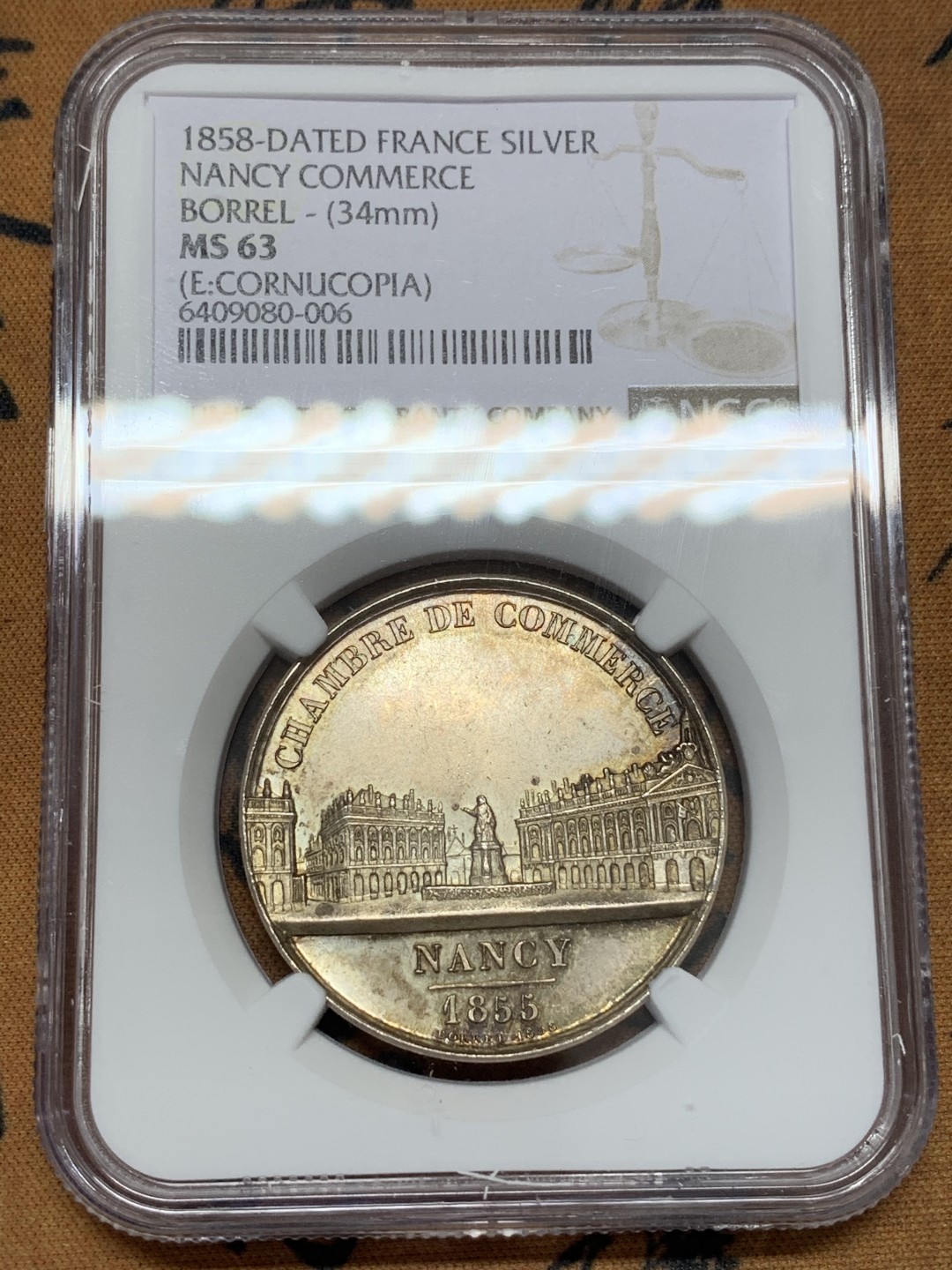 《竞宝斋》第108场-周日，周一 ，周四3场连拍（全场包邮） NGC MS63  法国 1858年 南锡城洛林之魂 城市景观银章 高浮雕工艺，MS品漂亮