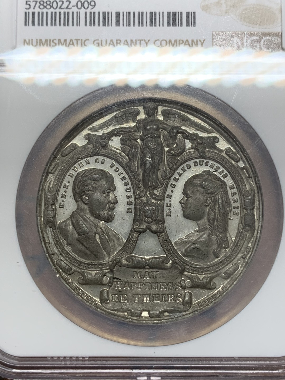 《竞宝斋》第108场-周日，周一 ，周四3场连拍（全场包邮） NGC MS64 1874年英国皇室婚礼纪念章 阿尔弗雷德王子和玛丽亚女大公 高浮雕细节完美 底板镜面感极强