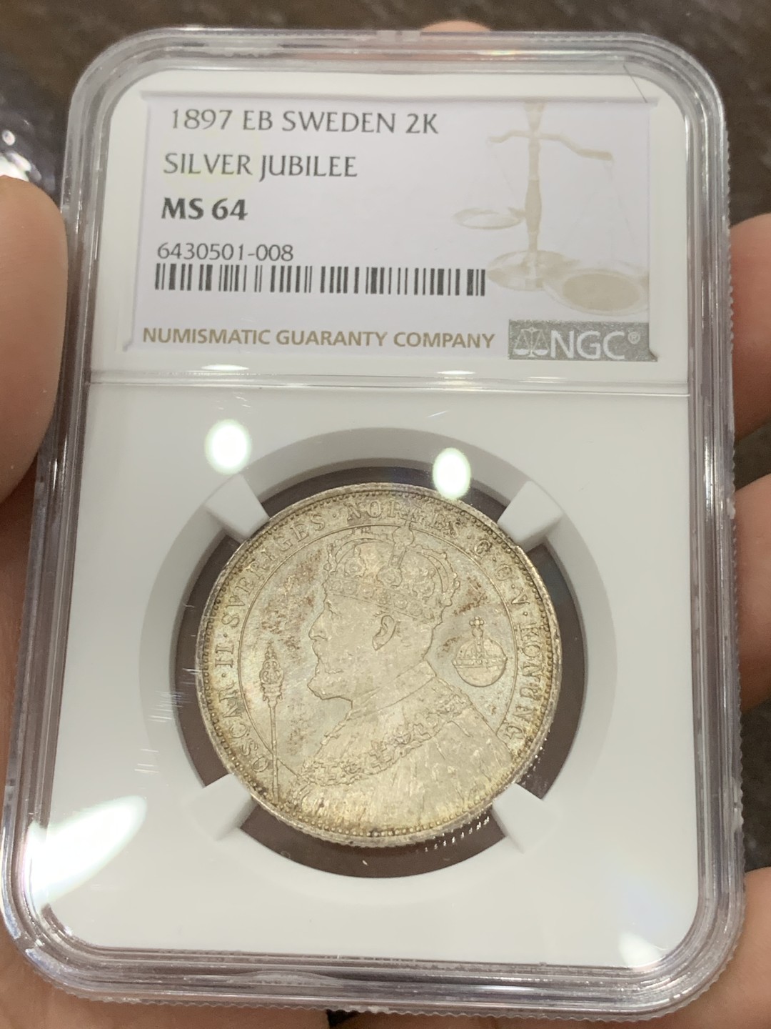 《竞宝斋》第108场-周日，周一 ，周四3场连拍（全场包邮） NGC MS64 瑞典 1897年 奥斯卡二世登基25周年银币 状态很好