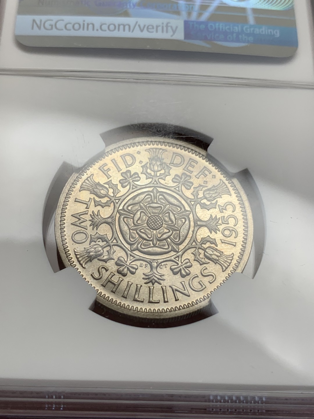 《竞宝斋》第108场-周日，周一 ，周四3场连拍（全场包邮） NGC PF62 伊丽莎白 1953年登基首年精制2先令