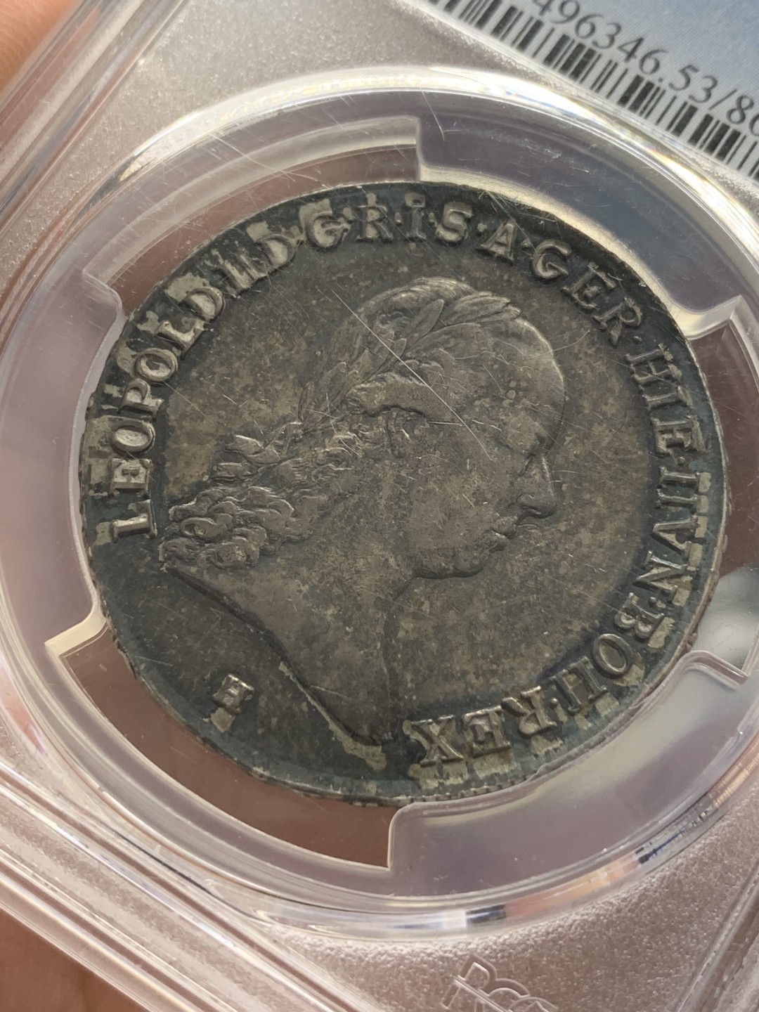 《竞宝斋》第108场-周日，周一 ，周四3场连拍（全场包邮） 唯一 冠军分 PCGS-AU53  奥地利奥属尼德兰1791年H版三皇冠1/2泰勒（金茨堡厂铸造），利奥波德二世银币（大奶妈玛利亚·特蕾莎之子） 深彩包浆 细节极好