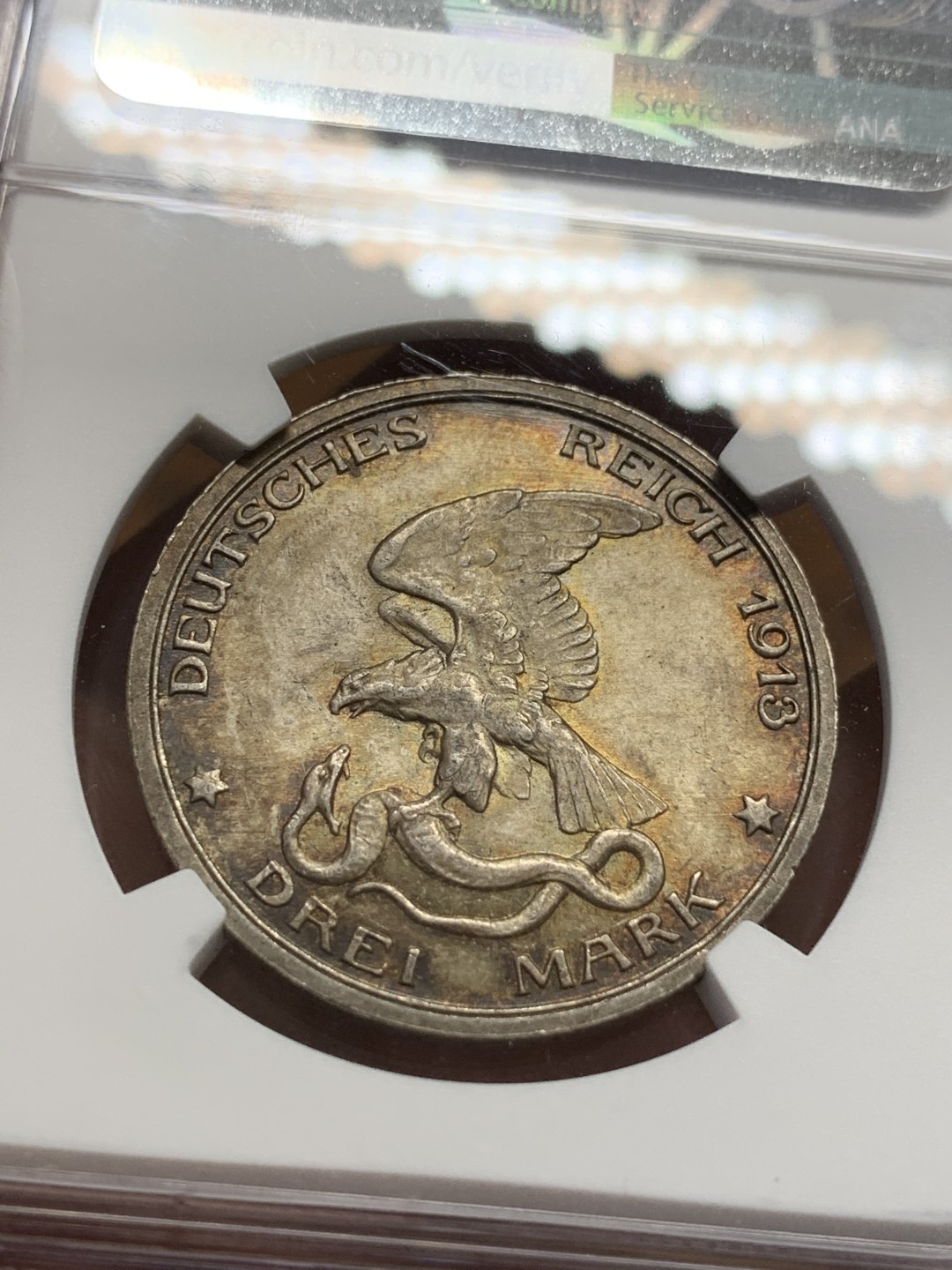 《竞宝斋》第108场-周日，周一 ，周四3场连拍（全场包邮） NGC MS64 德国普鲁士 1913年 战胜拿破仑3马克 银币