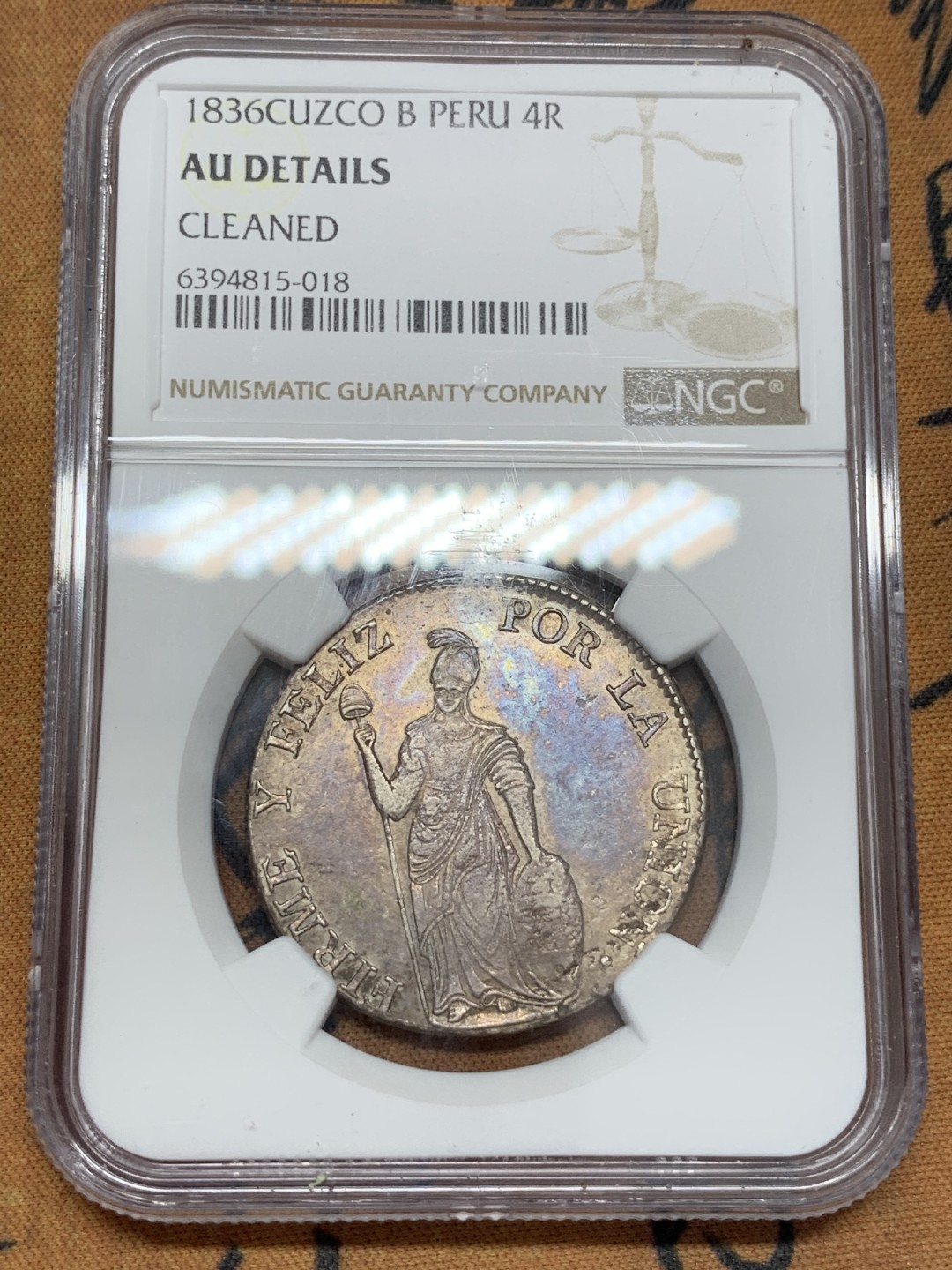 《竞宝斋》第108场-周日，周一 ，周四3场连拍（全场包邮） NGC-AUD 秘鲁1836年 4R 银币 细节清晰 底板干净