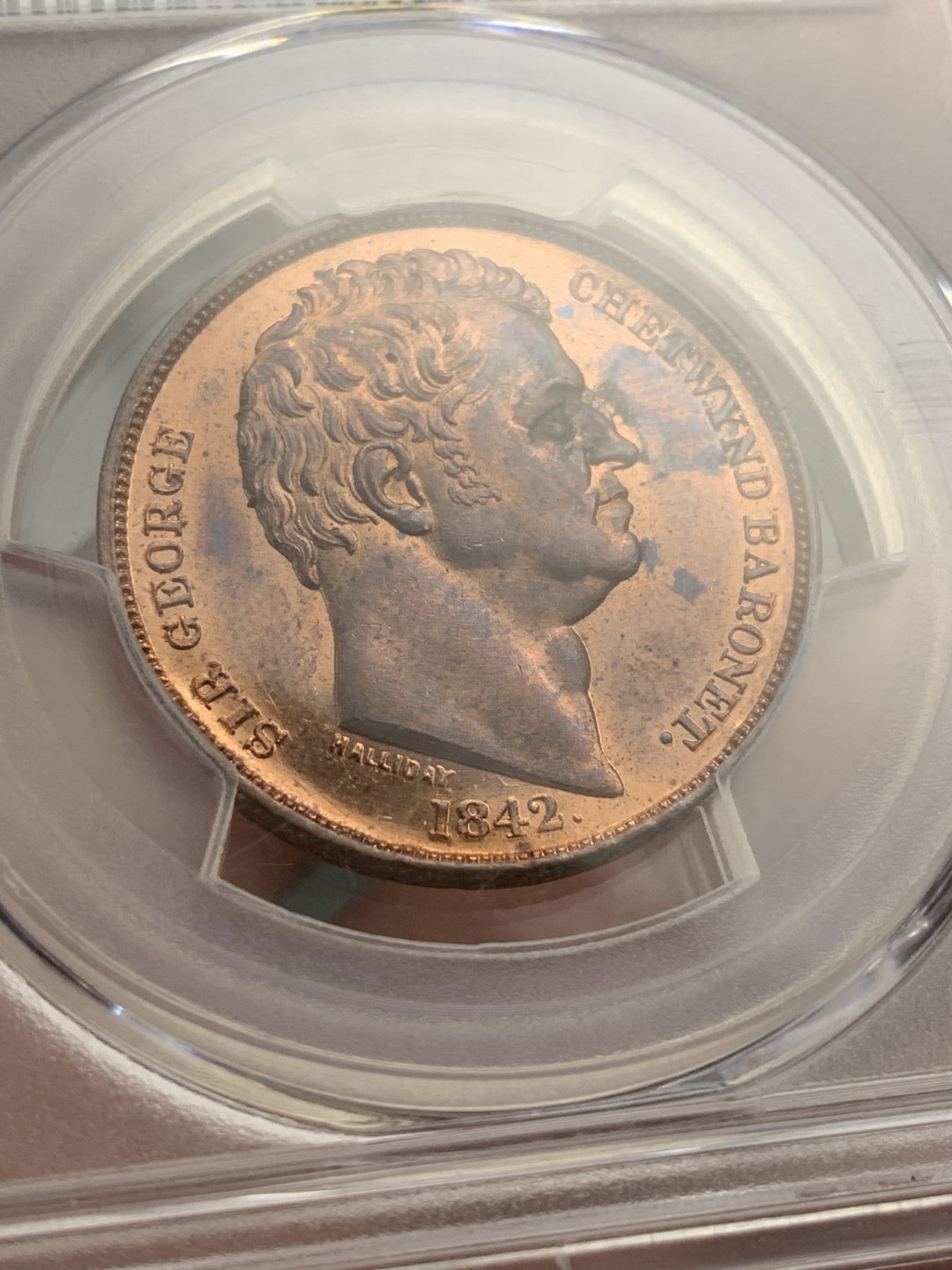 《竞宝斋》第108场-周日，周一 ，周四3场连拍（全场包邮） 唯一冠军 PCGS 64RB 英国 1842年 乔治切特温特爵士 1/2便士token，两面都是类精制面，少见好品