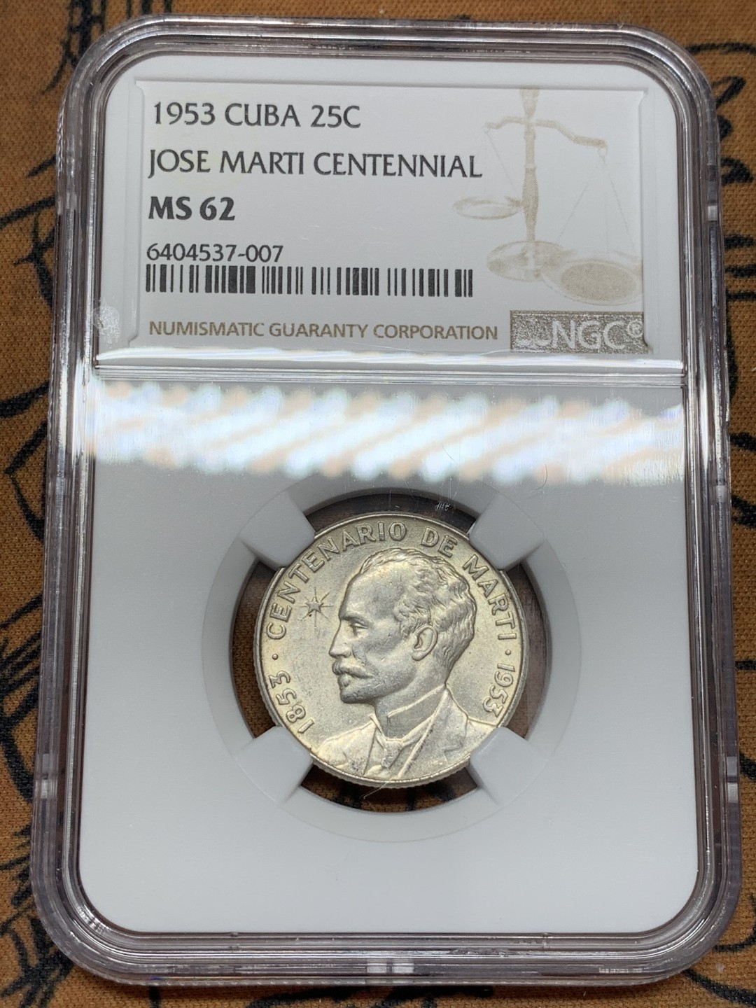 《竞宝斋》第108场-周日，周一 ，周四3场连拍（全场包邮） NGC-MS62 古巴1953年 何塞马丁百年纪念 25分银币 古巴也是涨的多的品种