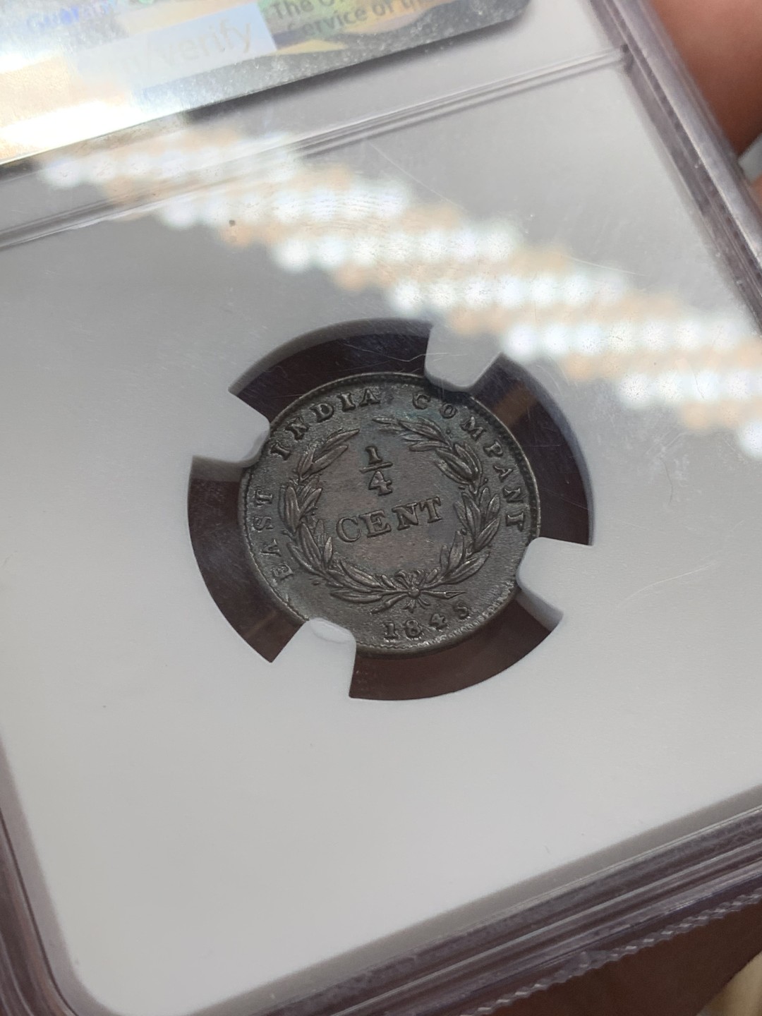 《竞宝斋》第108场-周日，周一 ，周四3场连拍（全场包邮） NGC-AU58 英属海峡1845年维多利亚时期首版1/4分铜币，稀少小面值铜币