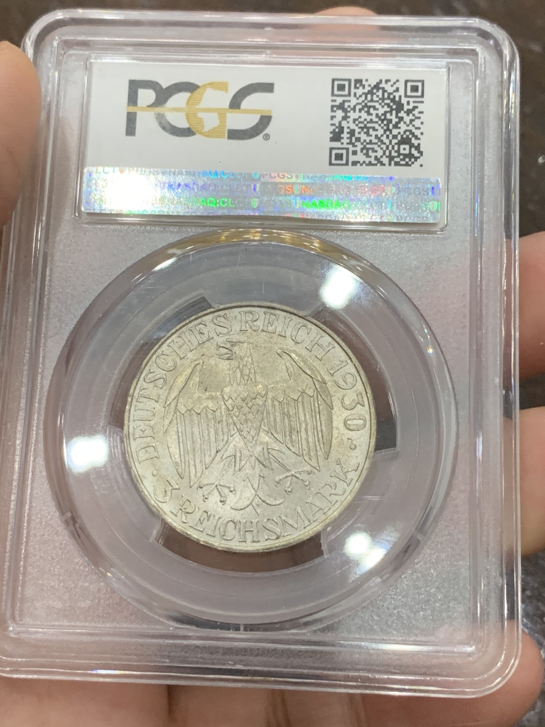 《竞宝斋》第108场-周日，周一 ，周四3场连拍（全场包邮） PCGS-MS64 德国 魏玛共和国 1930年齐柏林飞艇3马克银币 全转光