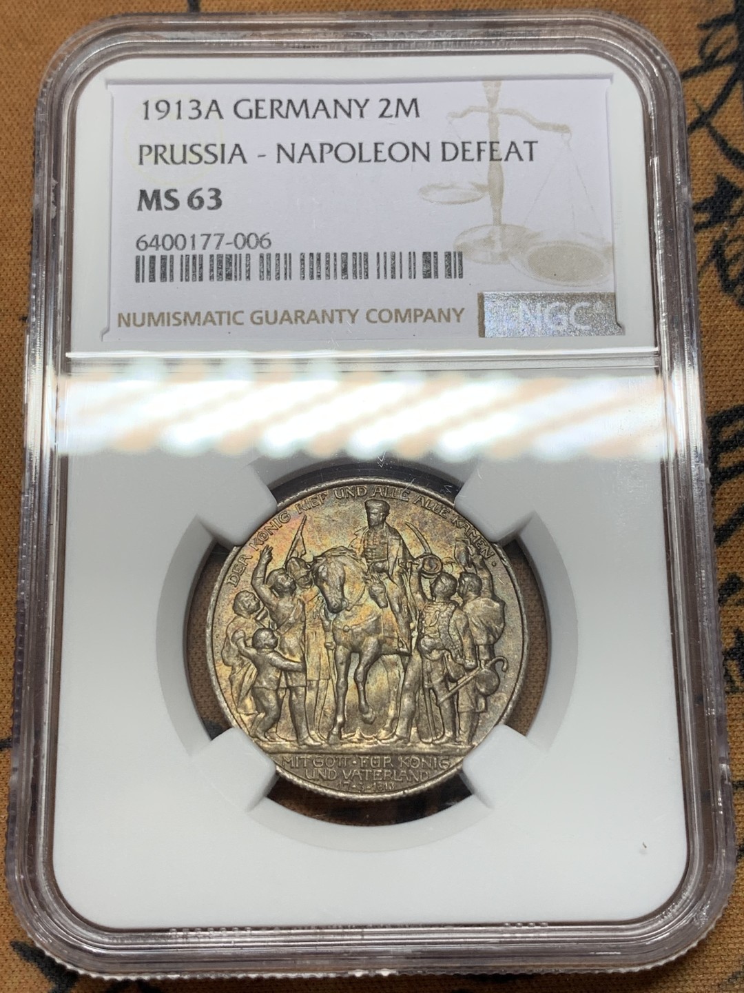 《竞宝斋》第108场-周日，周一 ，周四3场连拍（全场包邮） NGC MS63 德国普鲁士 1913年 战胜拿破仑2马克 银币