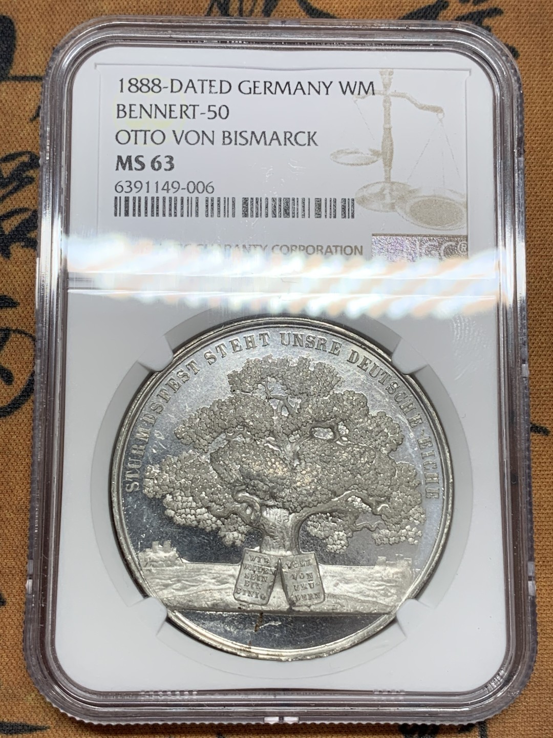 《竞宝斋》第108场-周日，周一 ，周四3场连拍（全场包邮） NGC ms63 1888年俾斯麦国会演讲纪念章，镜面底板