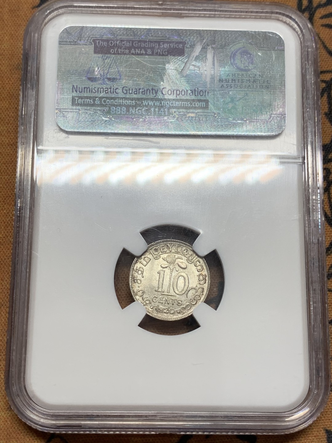 《竞宝斋》第108场-周日，周一 ，周四3场连拍（全场包邮） NGC-MS63 1920年锡兰10分，不错的品相