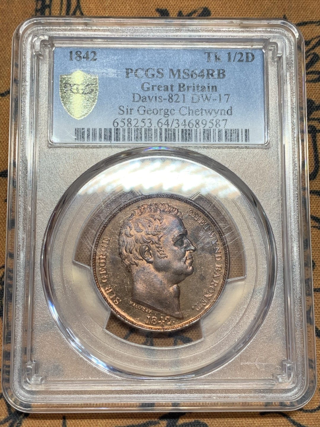 《竞宝斋》第108场-周日，周一 ，周四3场连拍（全场包邮） 唯一冠军 PCGS 64RB 英国 1842年 乔治切特温特爵士 1/2便士token，两面都是类精制面，少见好品