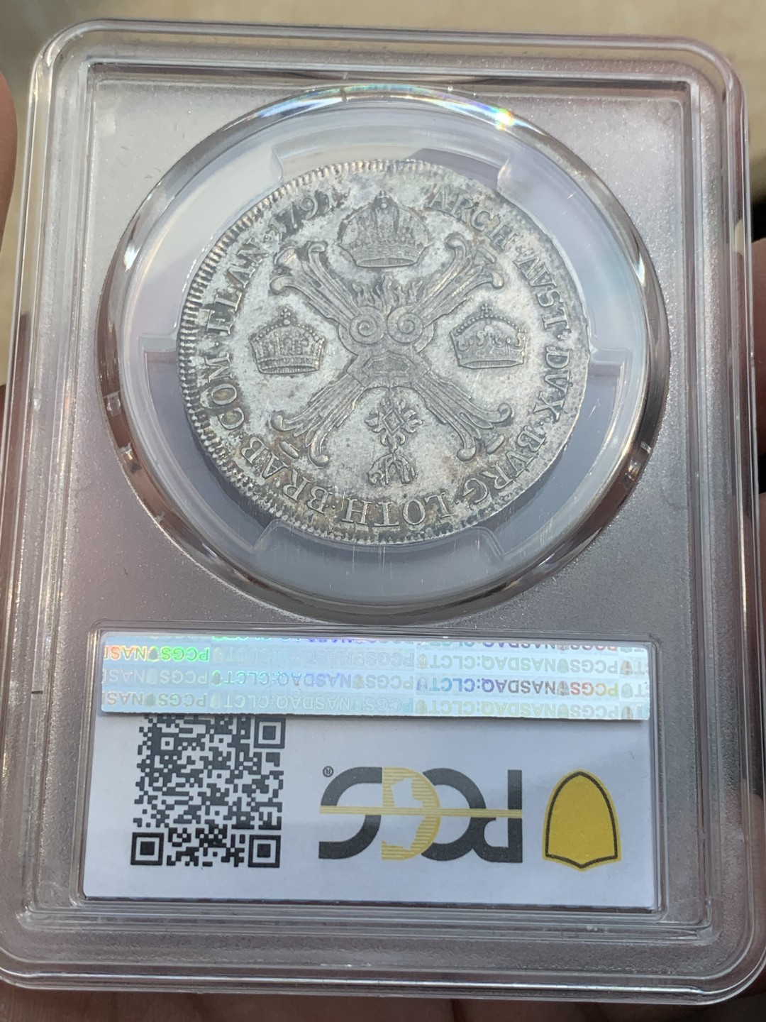 《竞宝斋》第108场-周日，周一 ，周四3场连拍（全场包邮） 唯一 冠军分 PCGS-AU53  奥地利奥属尼德兰1791年H版三皇冠1/2泰勒（金茨堡厂铸造），利奥波德二世银币（大奶妈玛利亚·特蕾莎之子） 深彩包浆 细节极好