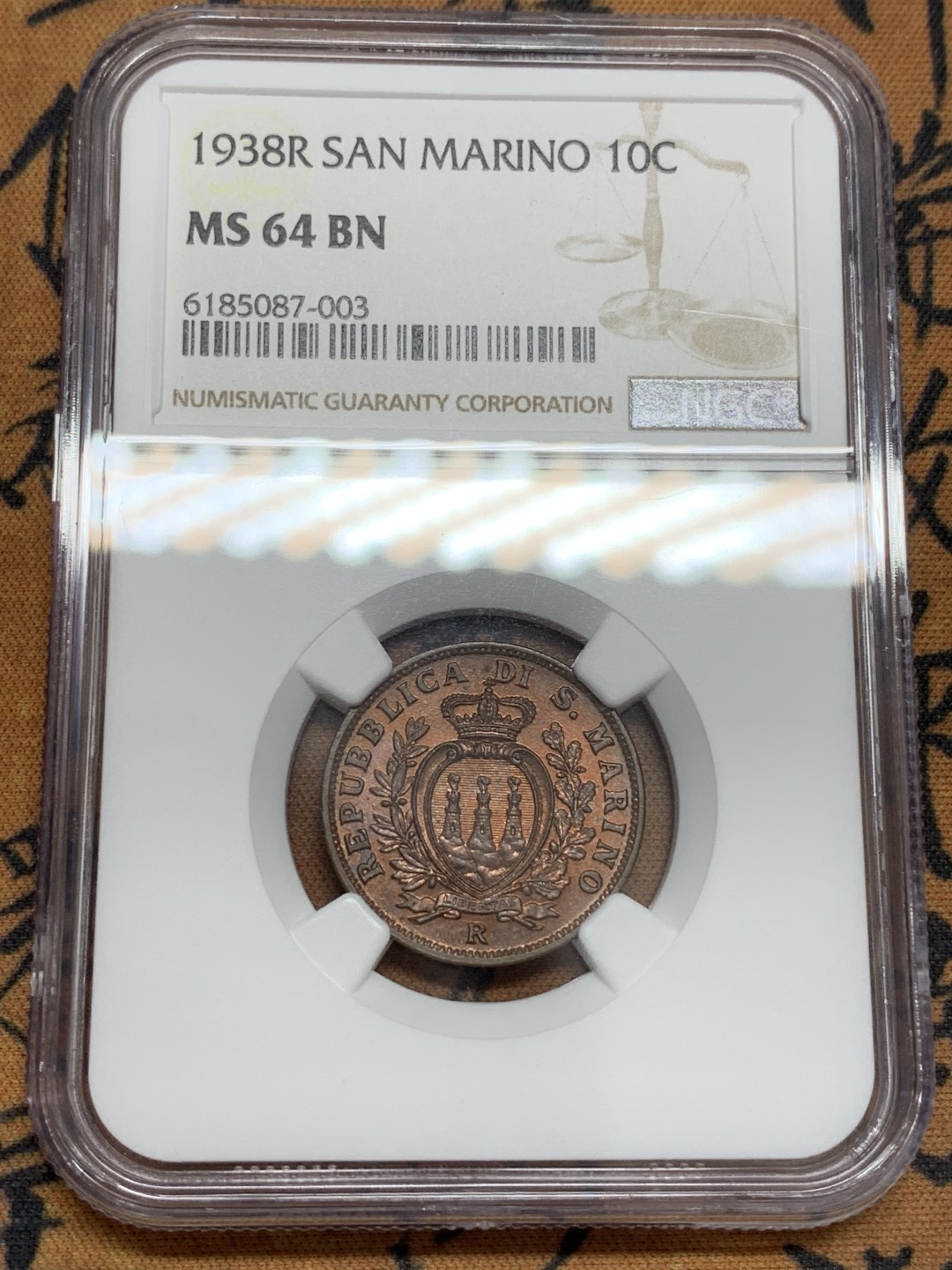 《竞宝斋》第108场-周日，周一 ，周四3场连拍（全场包邮） NGC-MS64BN，圣马力诺，1938年，10分 铜币