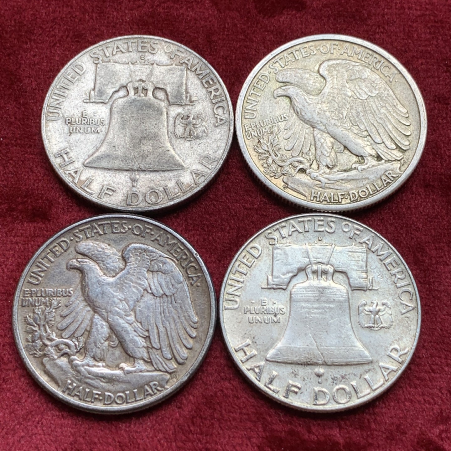 《竞宝斋》第108场-周日，周一 ，周四3场连拍（全场包邮） 美国900银 银币4枚 2枚富兰克林半美元，2枚行走女神半美元 单枚12.5克 合计50克900银 状态非常好