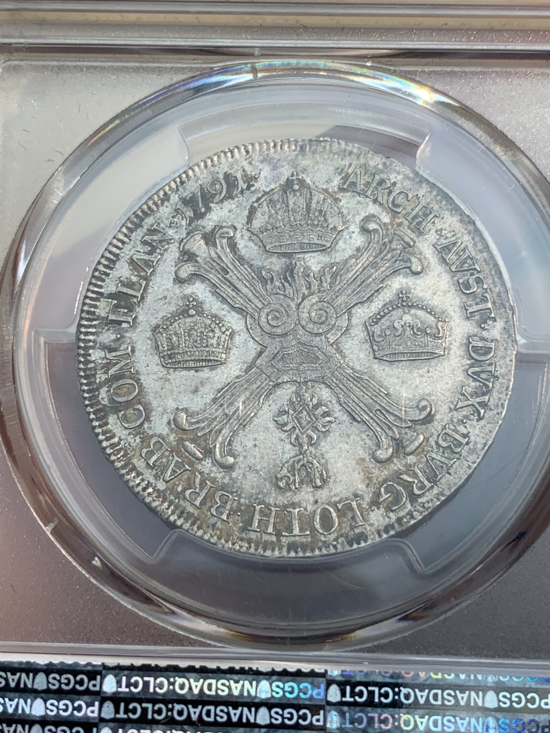 《竞宝斋》第108场-周日，周一 ，周四3场连拍（全场包邮） 唯一 冠军分 PCGS-AU53  奥地利奥属尼德兰1791年H版三皇冠1/2泰勒（金茨堡厂铸造），利奥波德二世银币（大奶妈玛利亚·特蕾莎之子） 深彩包浆 细节极好