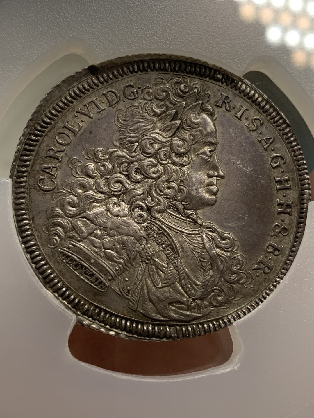 《竞宝斋》第108场-周日，周一 ，周四3场连拍（全场包邮） N和P双料冠军 PCGS MS63 神圣罗马帝国1714年 雷根斯堡市泰勒大银币，状态出色 包浆均匀，很稀少的品种，今年欧拍62分的总价6000欧成交