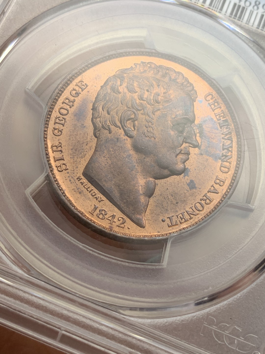 《竞宝斋》第108场-周日，周一 ，周四3场连拍（全场包邮） 唯一冠军 PCGS 64RB 英国 1842年 乔治切特温特爵士 1/2便士token，两面都是类精制面，少见好品