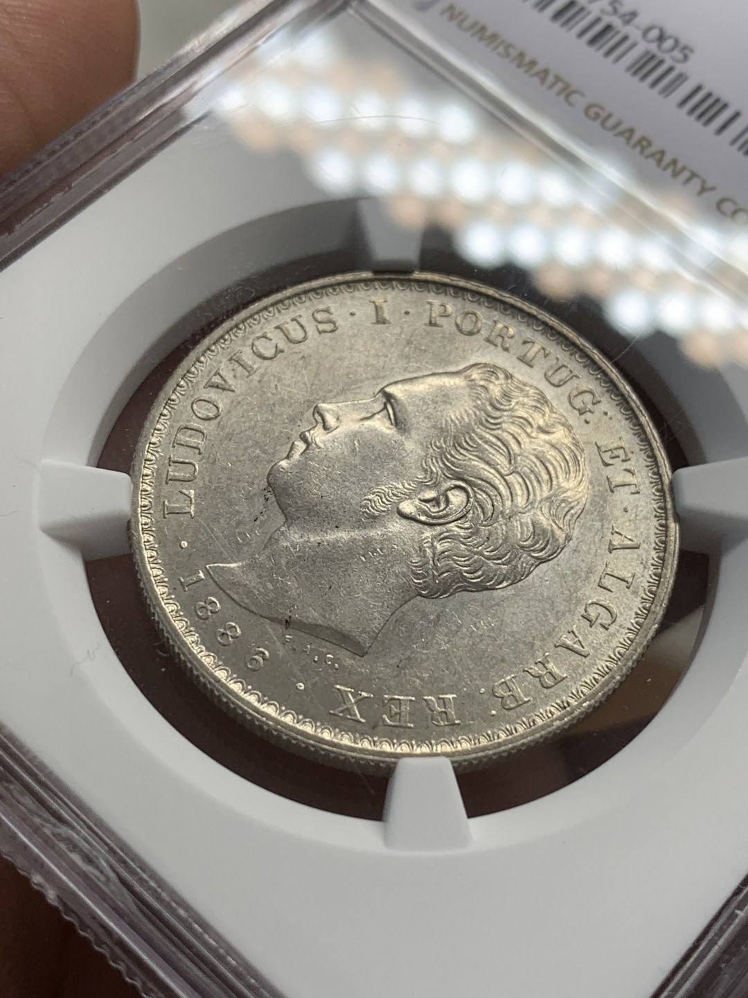 《竞宝斋》第108场-周日，周一 ，周四3场连拍（全场包邮） NGC-MS61 1886年葡萄牙路易斯一世500瑞斯银币 虽是半圆型，却是当时葡萄牙面值最大的银币，不太常见的品种